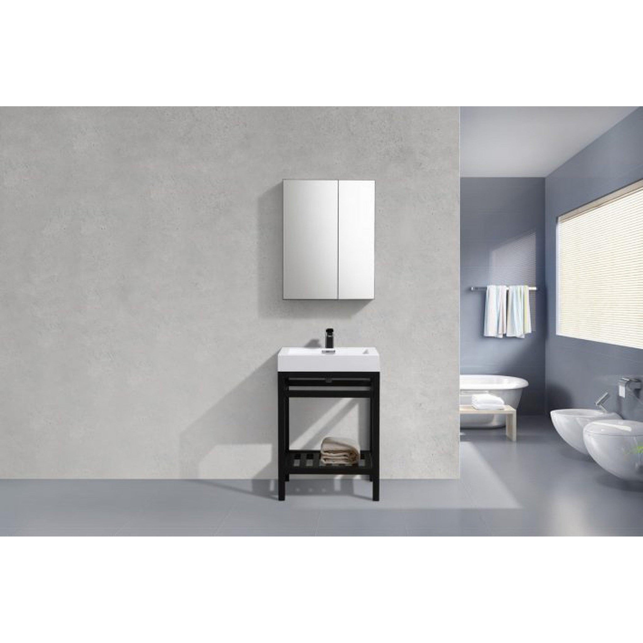 KubeBath, KubeBath Cisco 24" Stainless Steel Matte Black Console Freestanding Modern Bathroom Vanity With Single Integrated Acrylic Sink With Overflow and 22" Black Framed Mirror