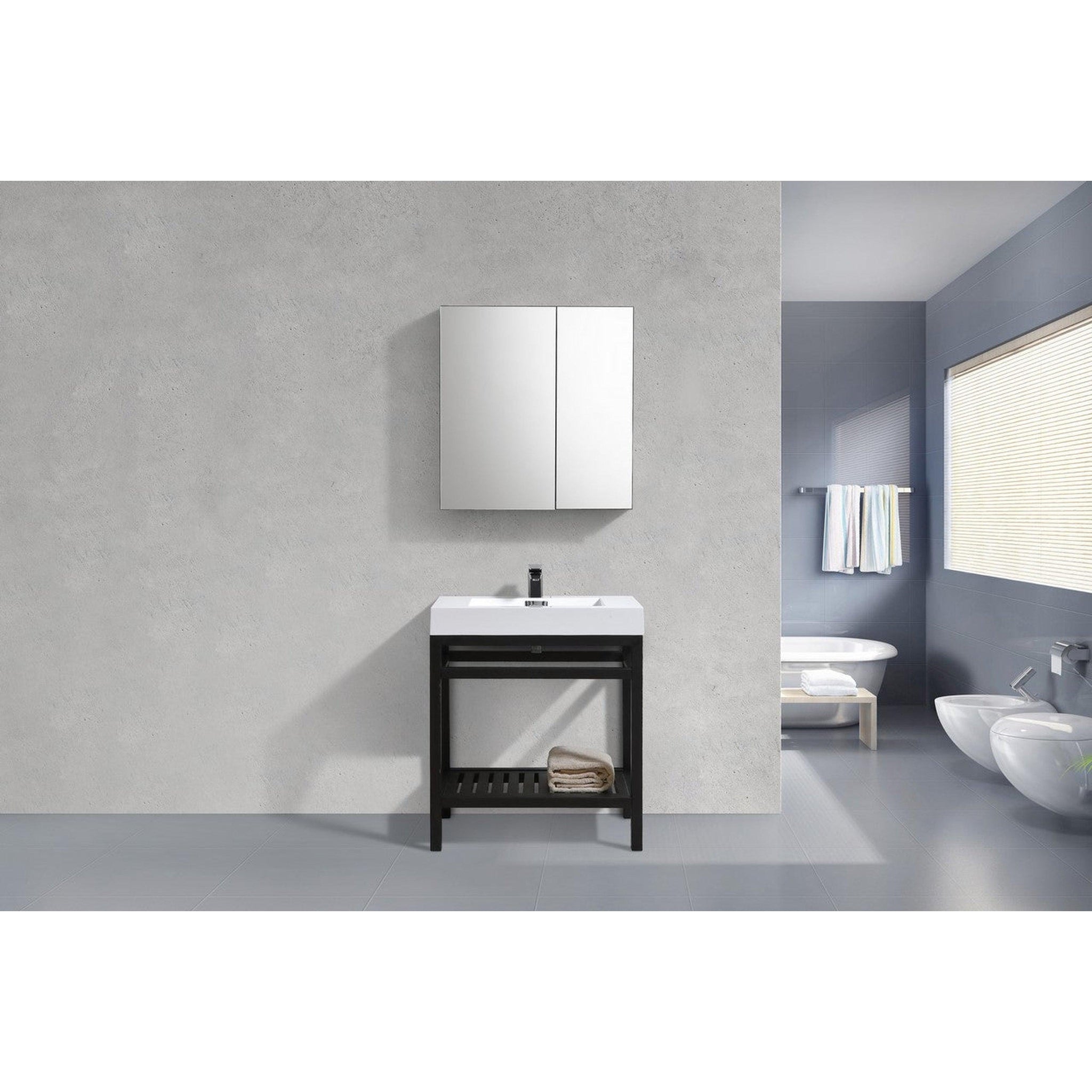 KubeBath, KubeBath Cisco 30" Stainless Steel Matte Black Console Freestanding Modern Bathroom Vanity With Single Integrated Acrylic Sink With Overflow and 24" Black Framed Mirror