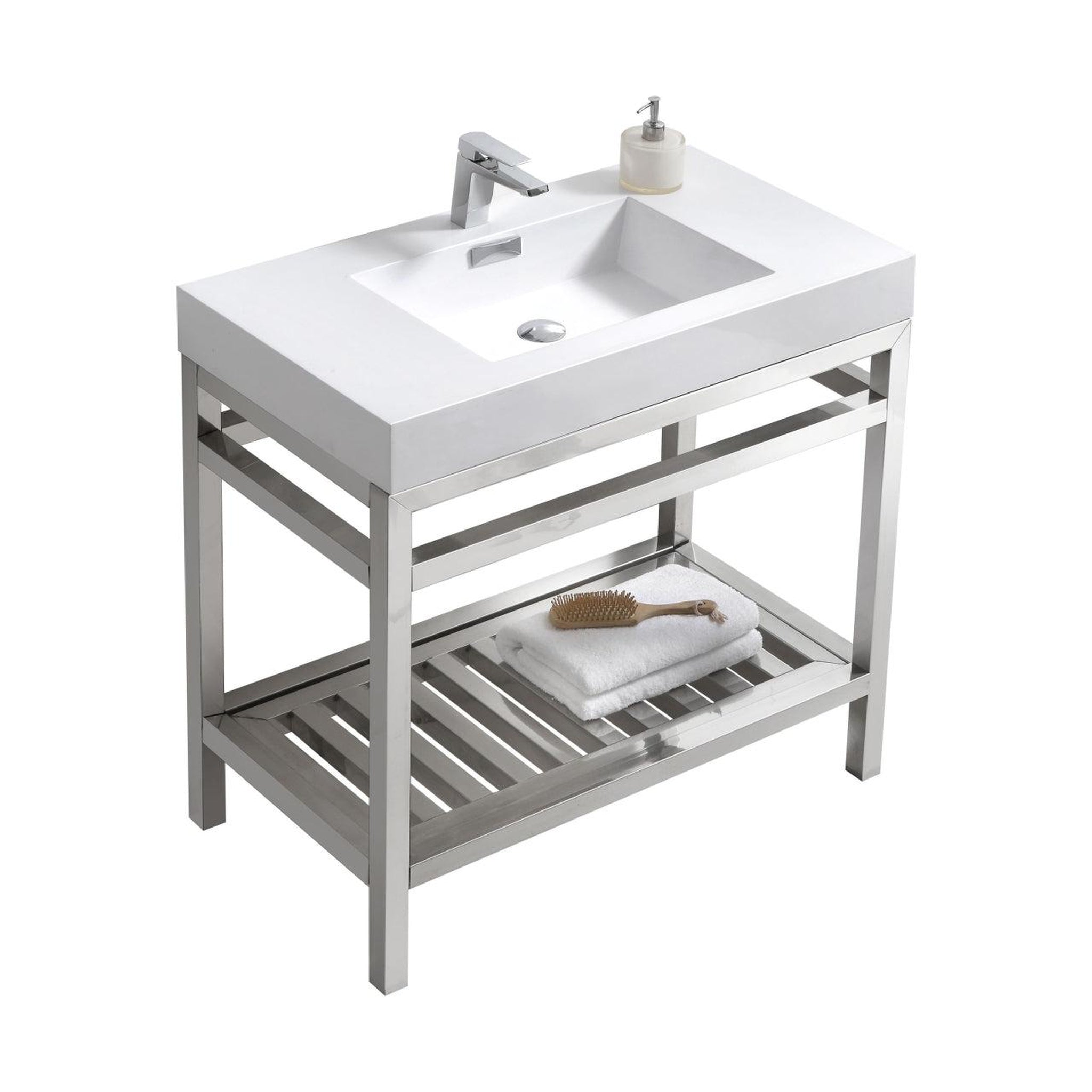 KubeBath, KubeBath Cisco 36" Stainless Steel Chrome Console Freestanding Modern Bathroom Vanity With Single Integrated Acrylic Sink With Overflow and 36" White Framed Mirror