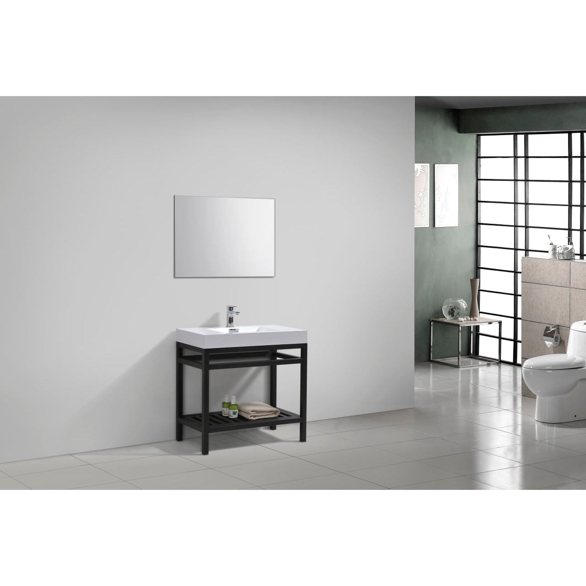 KubeBath, KubeBath Cisco 36" Stainless Steel Matte Black Console Freestanding Modern Bathroom Vanity With Single Integrated Acrylic Sink With Overflow and 34" Black Framed Mirror