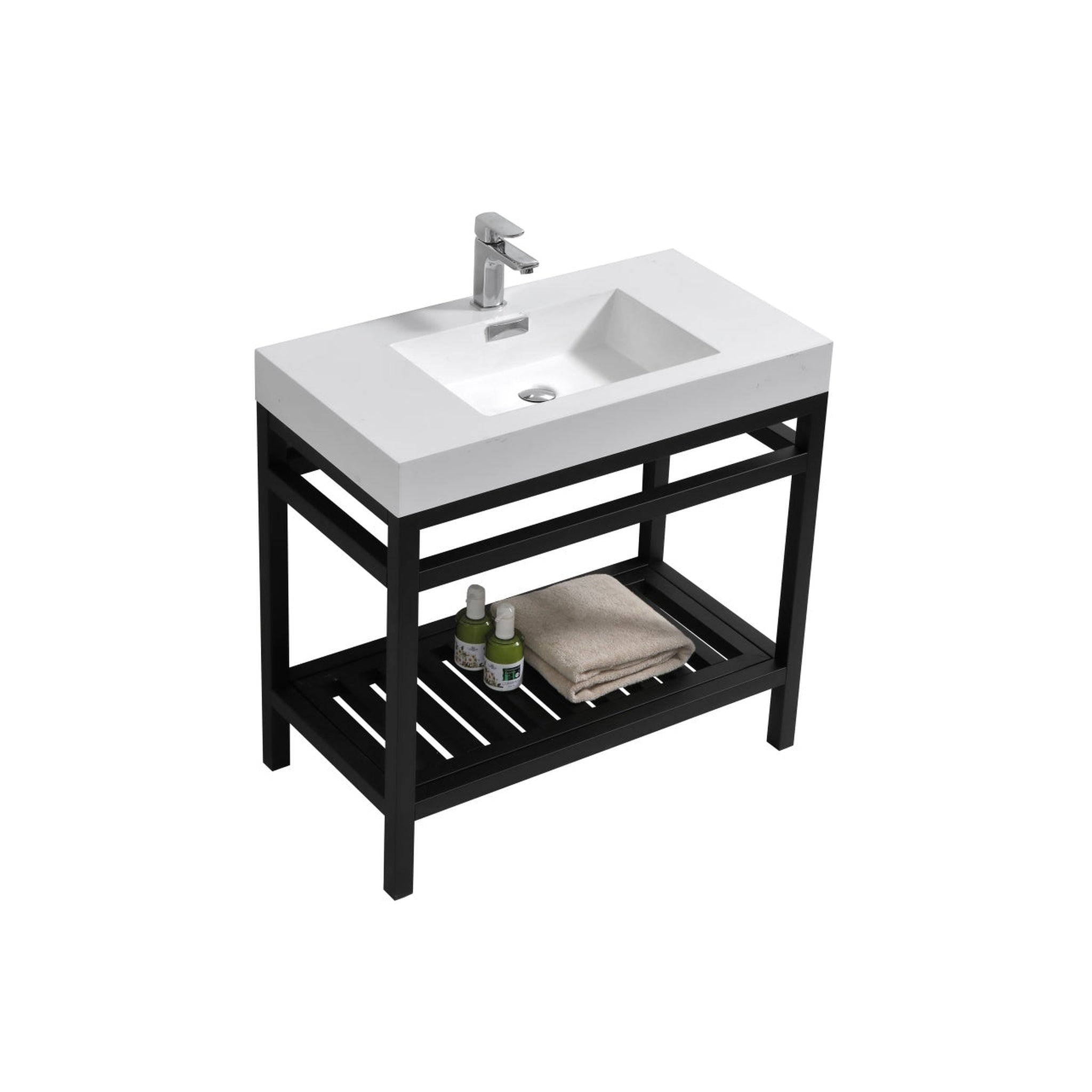 KubeBath, KubeBath Cisco 36" Stainless Steel Matte Black Console Freestanding Modern Bathroom Vanity With Single Integrated Acrylic Sink With Overflow and 34" Black Framed Mirror