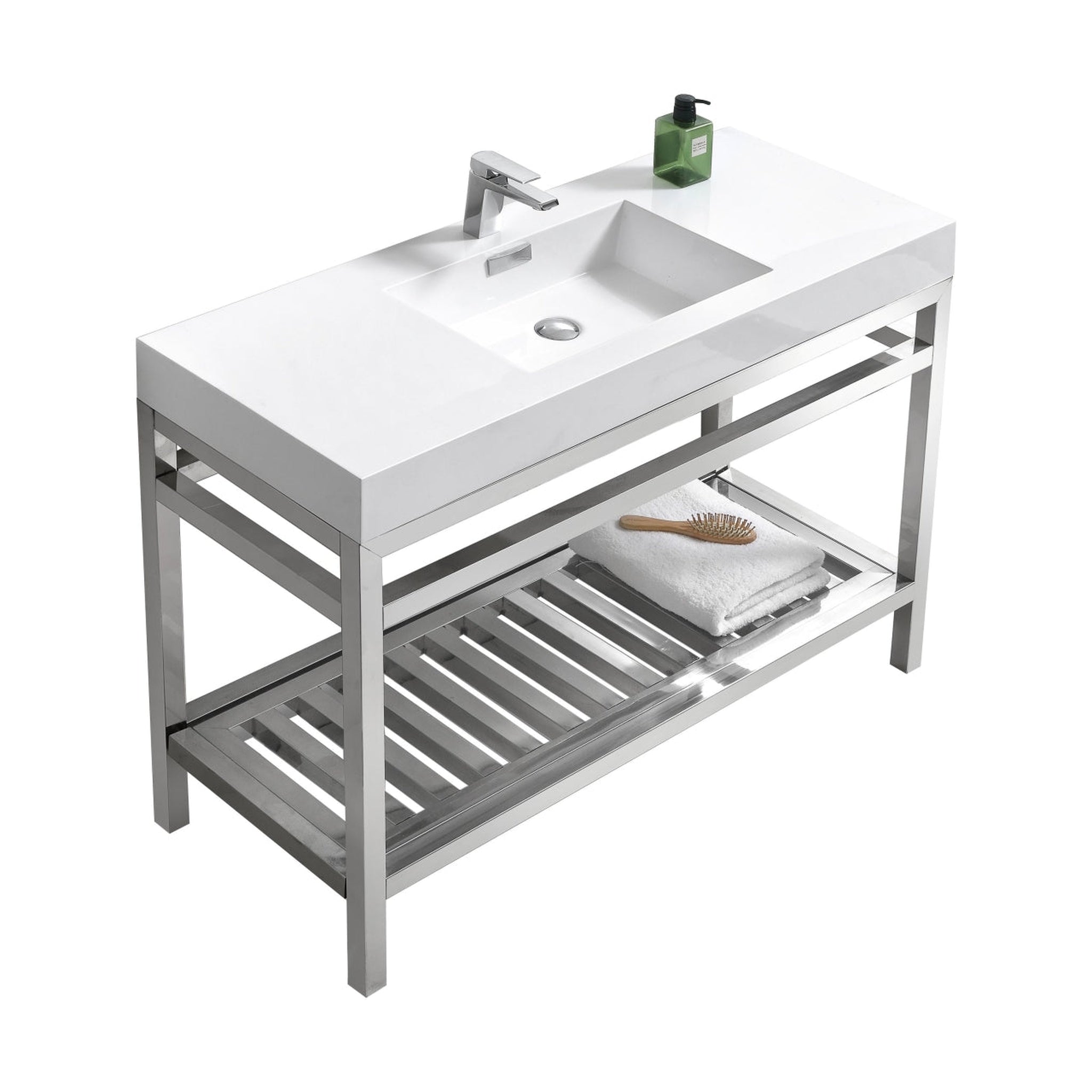 KubeBath, KubeBath Cisco 48" Stainless Steel Chrome Console Freestanding Modern Bathroom Vanity With Single Integrated Acrylic Sink With Overflow and 48" White Framed Mirror