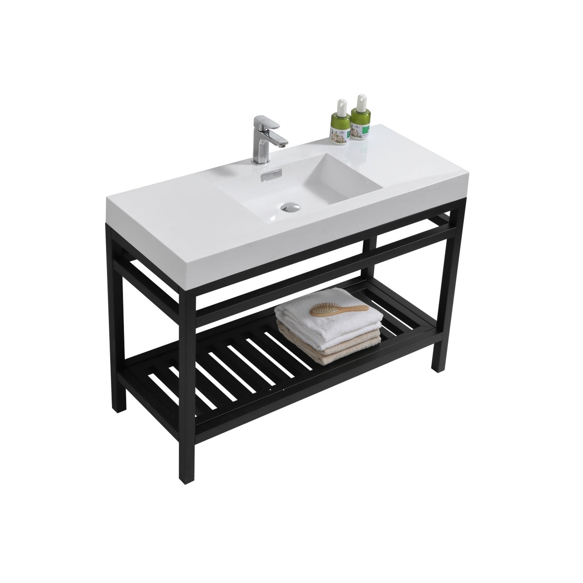 KubeBath, KubeBath Cisco 48" Stainless Steel Matte Black Console Freestanding Modern Bathroom Vanity With Single Integrated Acrylic Sink With Overflow and 44" Black Framed Mirror