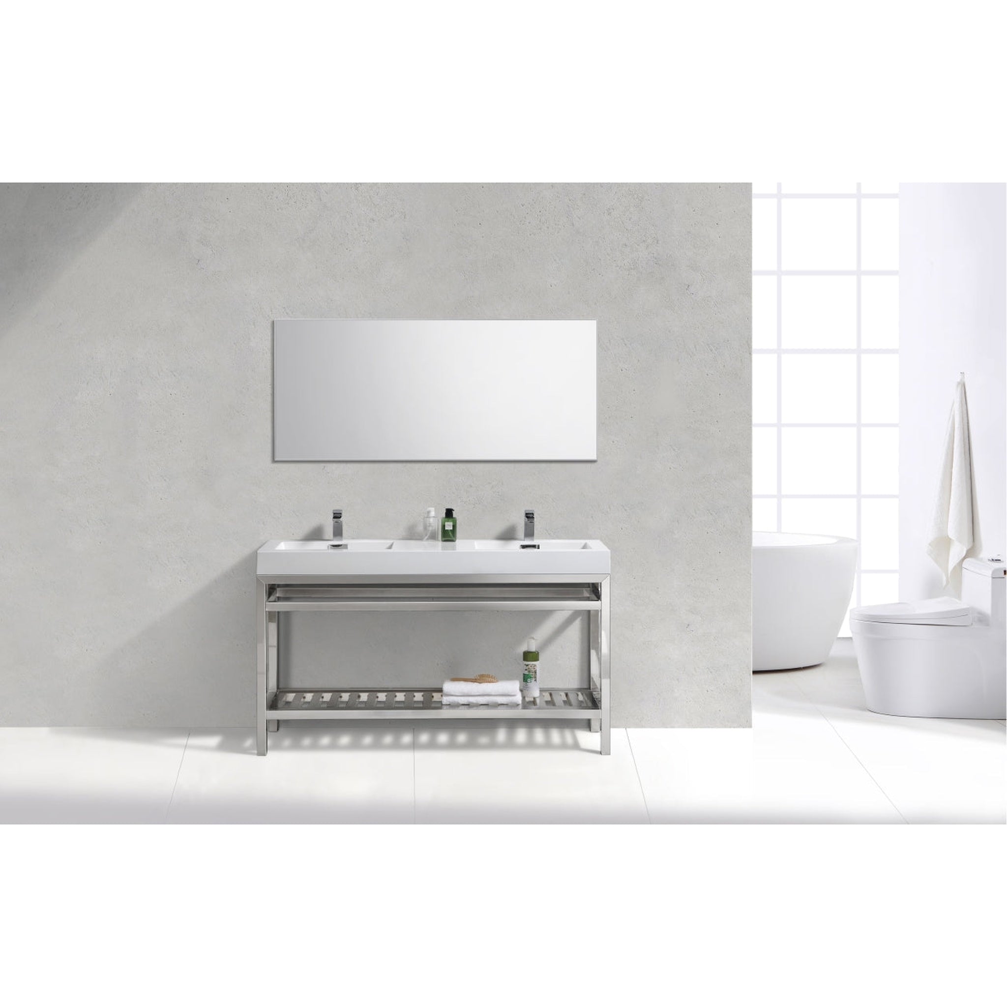 KubeBath, KubeBath Cisco 60" Stainless Steel Chrome Console Freestanding Modern Bathroom Vanity With Double Integrated Acrylic Sink With Overflow