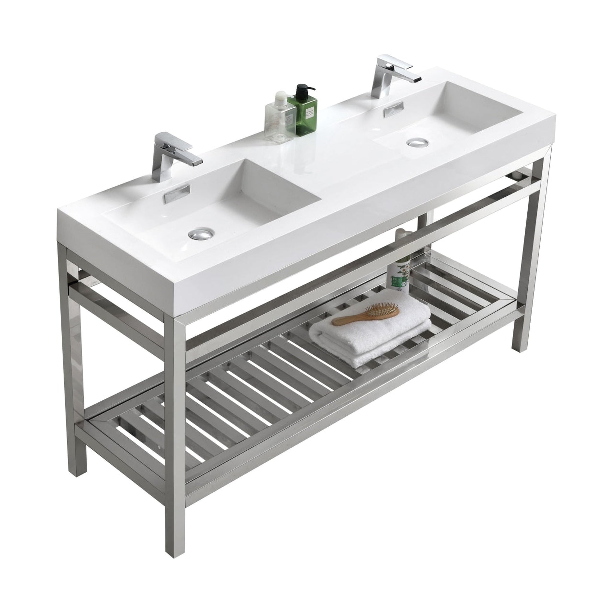 KubeBath, KubeBath Cisco 60" Stainless Steel Chrome Console Freestanding Modern Bathroom Vanity With Double Integrated Acrylic Sink With Overflow and 60" White Framed Mirror