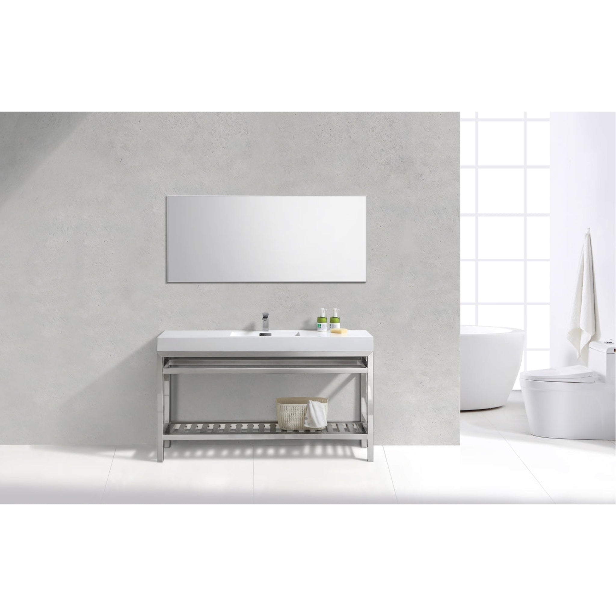 KubeBath, KubeBath Cisco 60" Stainless Steel Chrome Console Freestanding Modern Bathroom Vanity With Single Integrated Acrylic Sink With Overflow