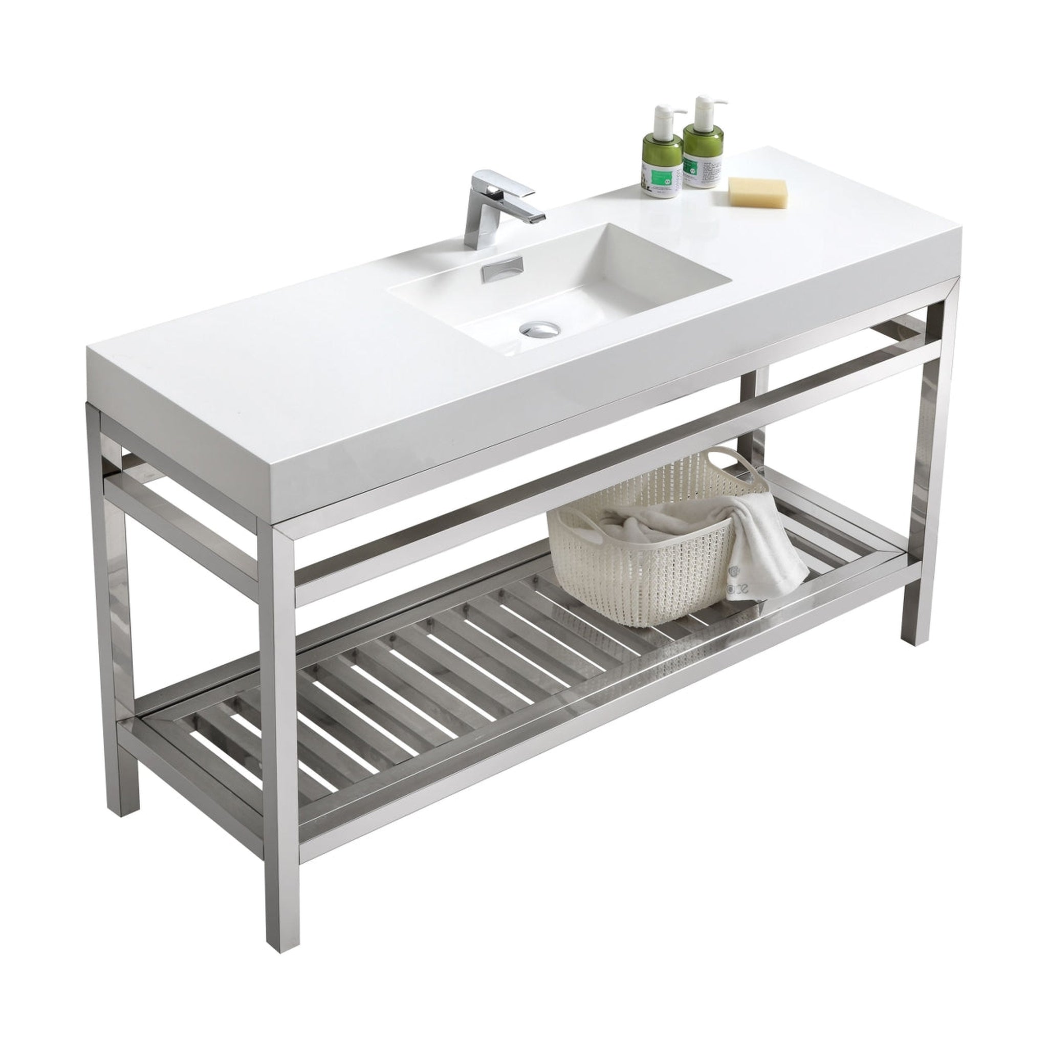 KubeBath, KubeBath Cisco 60" Stainless Steel Chrome Console Freestanding Modern Bathroom Vanity With Single Integrated Acrylic Sink With Overflow and 60" White Framed Mirror