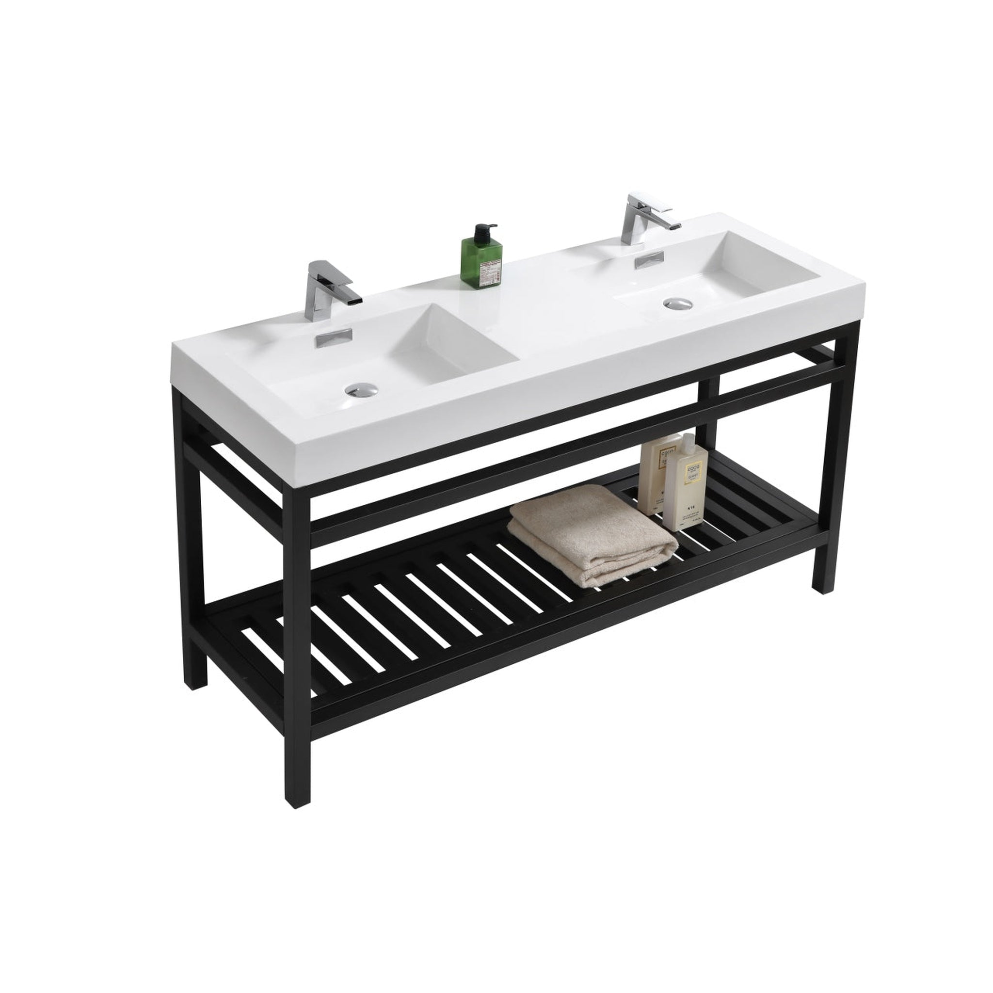 KubeBath, KubeBath Cisco 60" Stainless Steel Matte Black Console Freestanding Modern Bathroom Vanity With Double Integrated Acrylic Sink With Overflow and 55" Black Framed Mirror