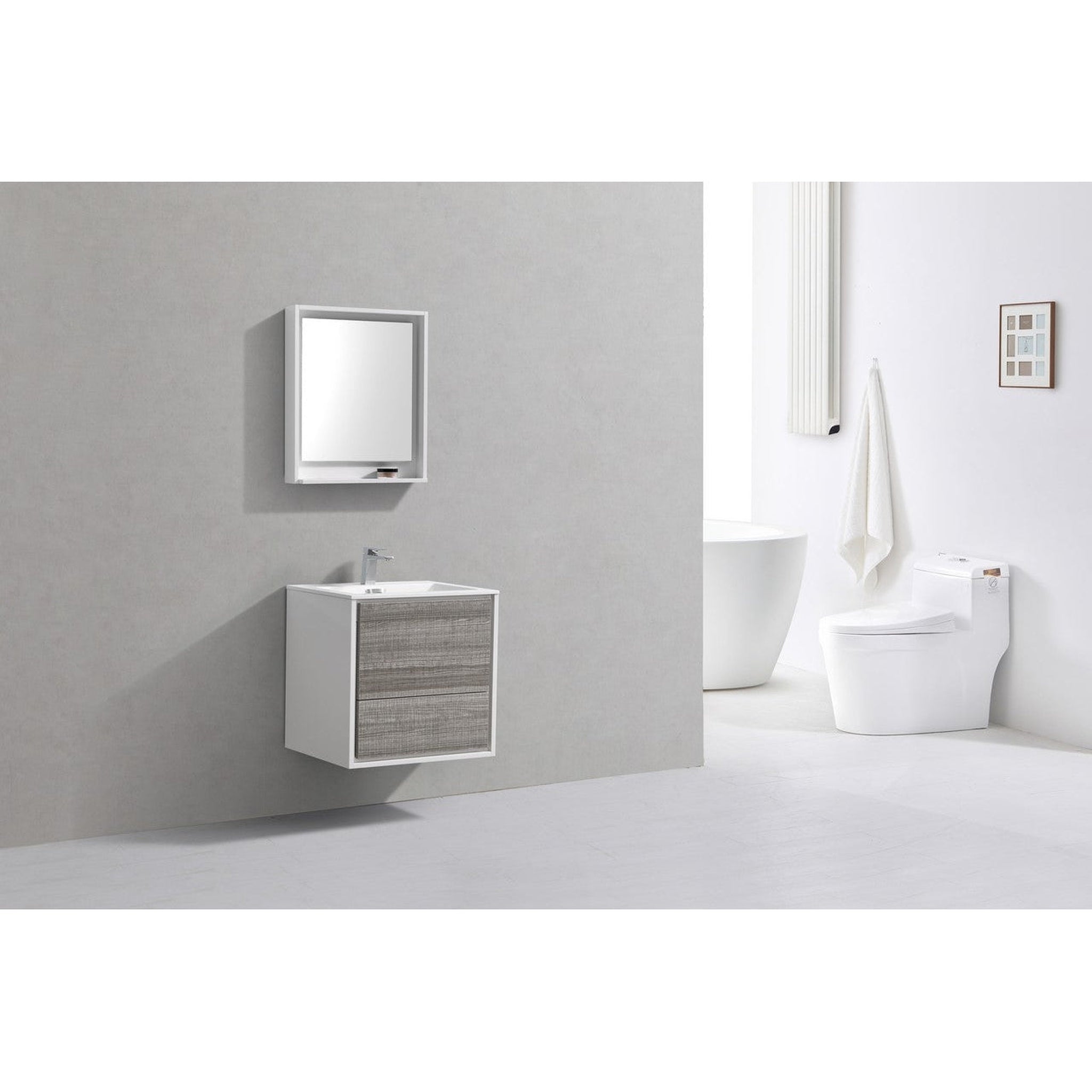 KubeBath, KubeBath DeLusso 24" Ash Gray Wall-Mounted Modern Bathroom Vanity With Single Integrated Acrylic Sink With Overflow and 24" White Framed Mirror With Shelf