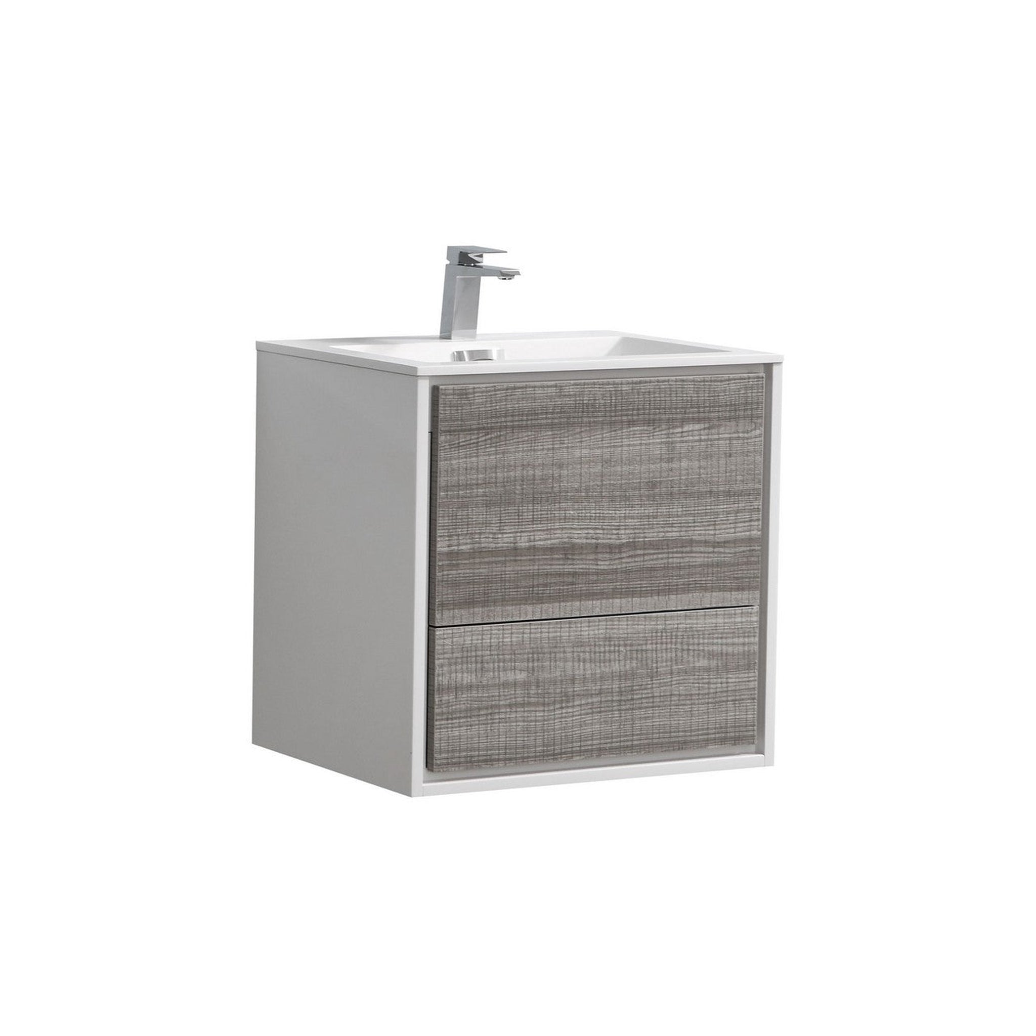 KubeBath, KubeBath DeLusso 24" Ash Gray Wall-Mounted Modern Bathroom Vanity With Single Integrated Acrylic Sink With Overflow and 24" White Framed Mirror With Shelf