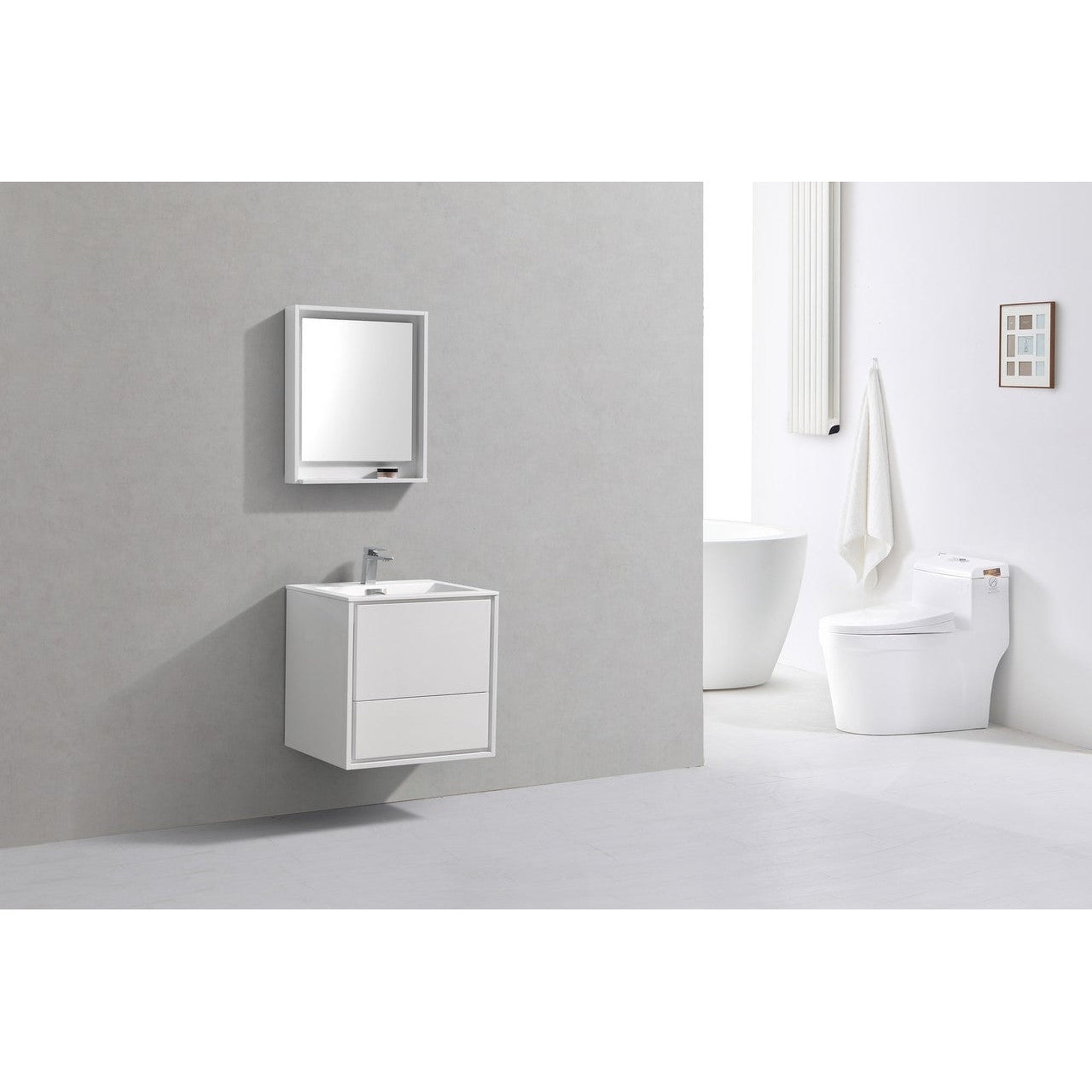 KubeBath, KubeBath DeLusso 24" High Gloss White Wall-Mounted Modern Bathroom Vanity With Single Integrated Acrylic Sink With Overflow