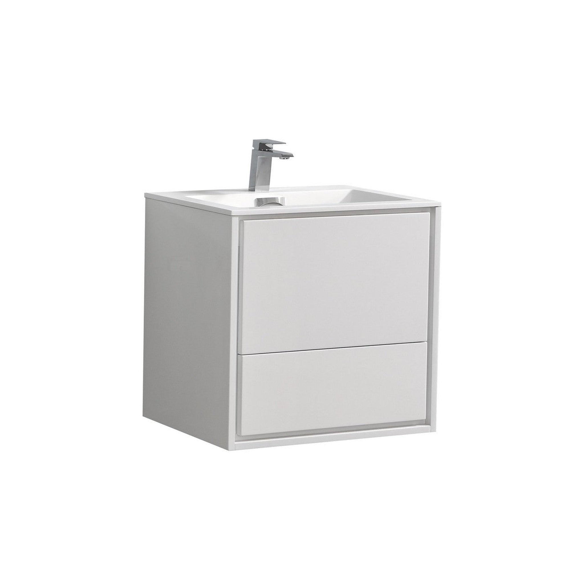 KubeBath, KubeBath DeLusso 24" High Gloss White Wall-Mounted Modern Bathroom Vanity With Single Integrated Acrylic Sink With Overflow and 24" White Framed Mirror With Shelf