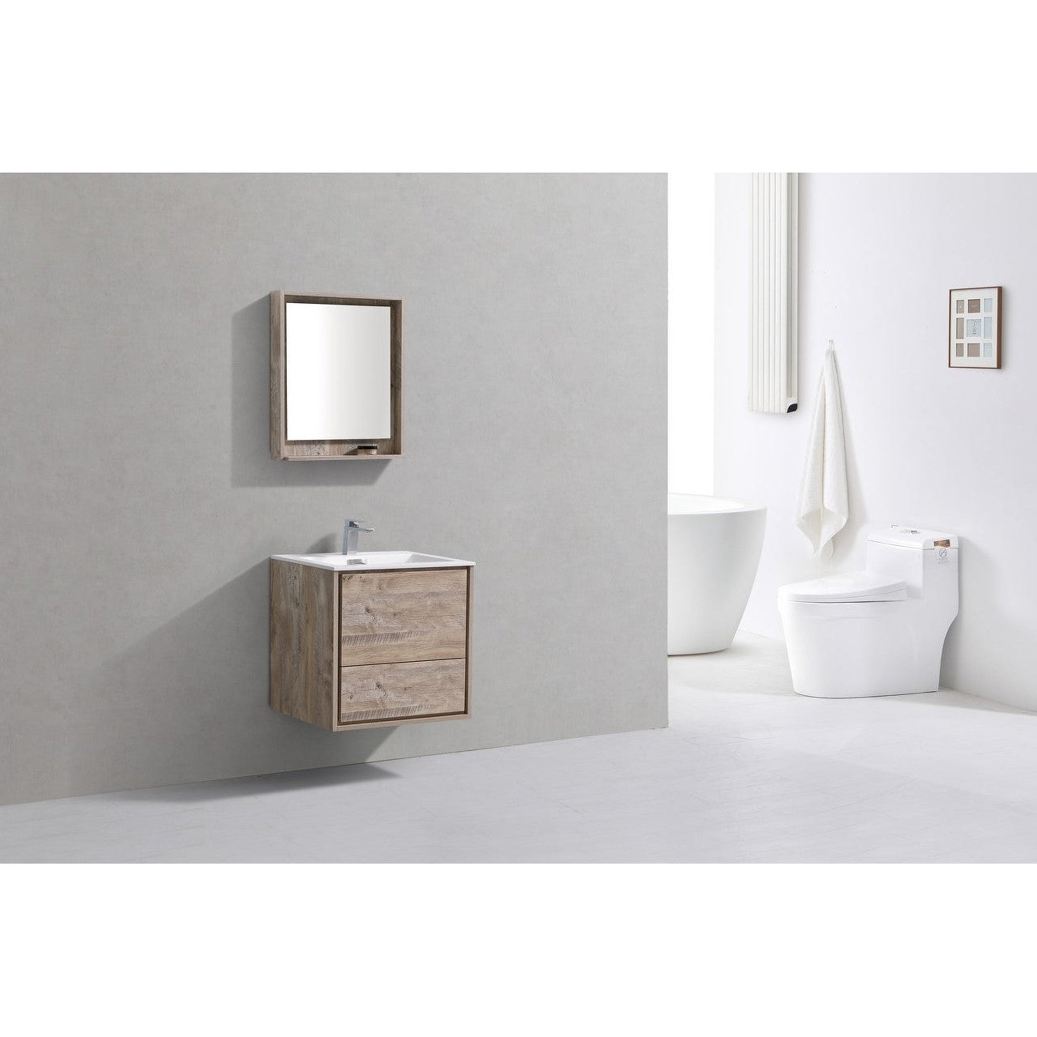 KubeBath, KubeBath DeLusso 24" Nature Wood Wall-Mounted Modern Bathroom Vanity With Single Integrated Acrylic Sink With Overflow