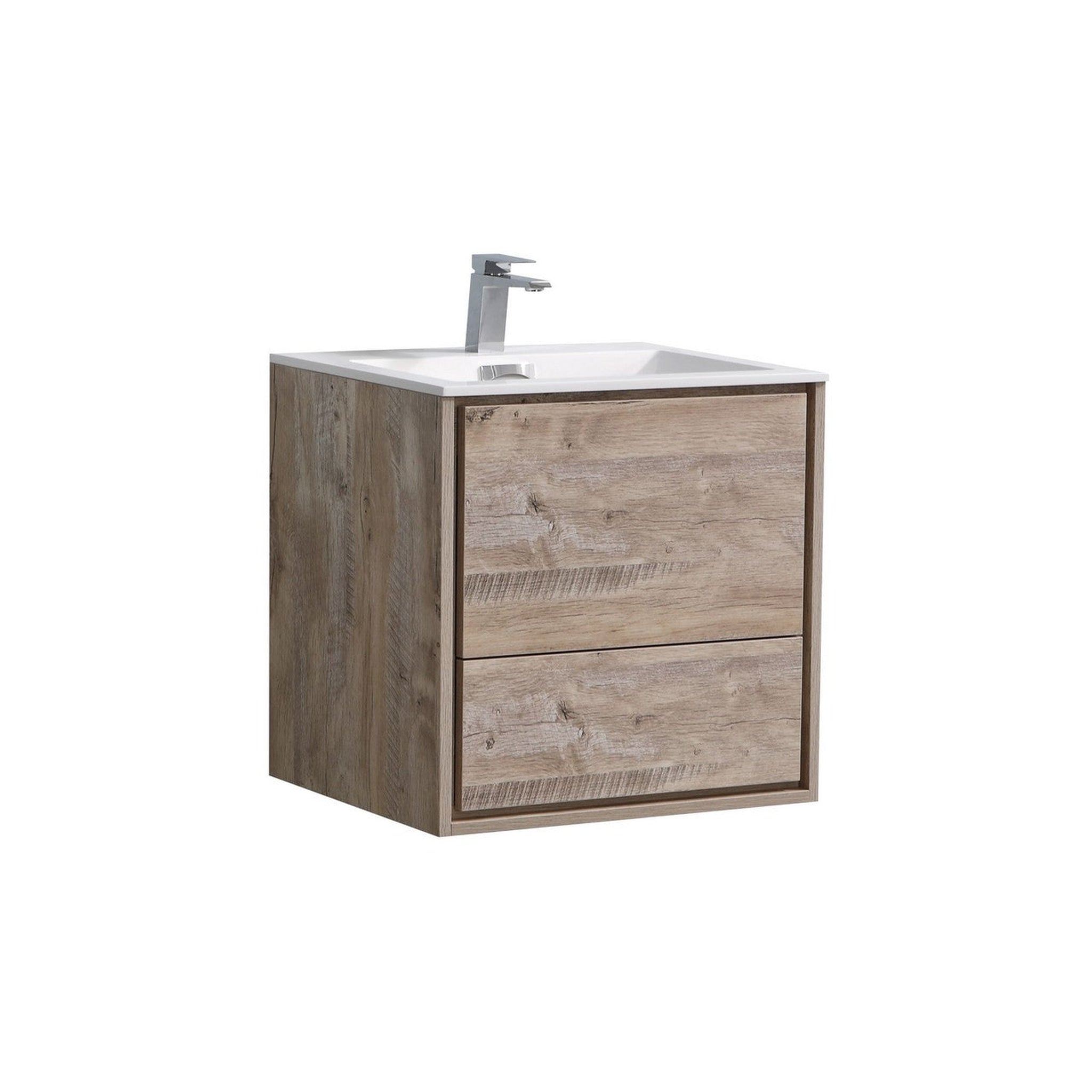 KubeBath, KubeBath DeLusso 24" Nature Wood Wall-Mounted Modern Bathroom Vanity With Single Integrated Acrylic Sink With Overflow and 24" Wood Framed Mirror With Shelf