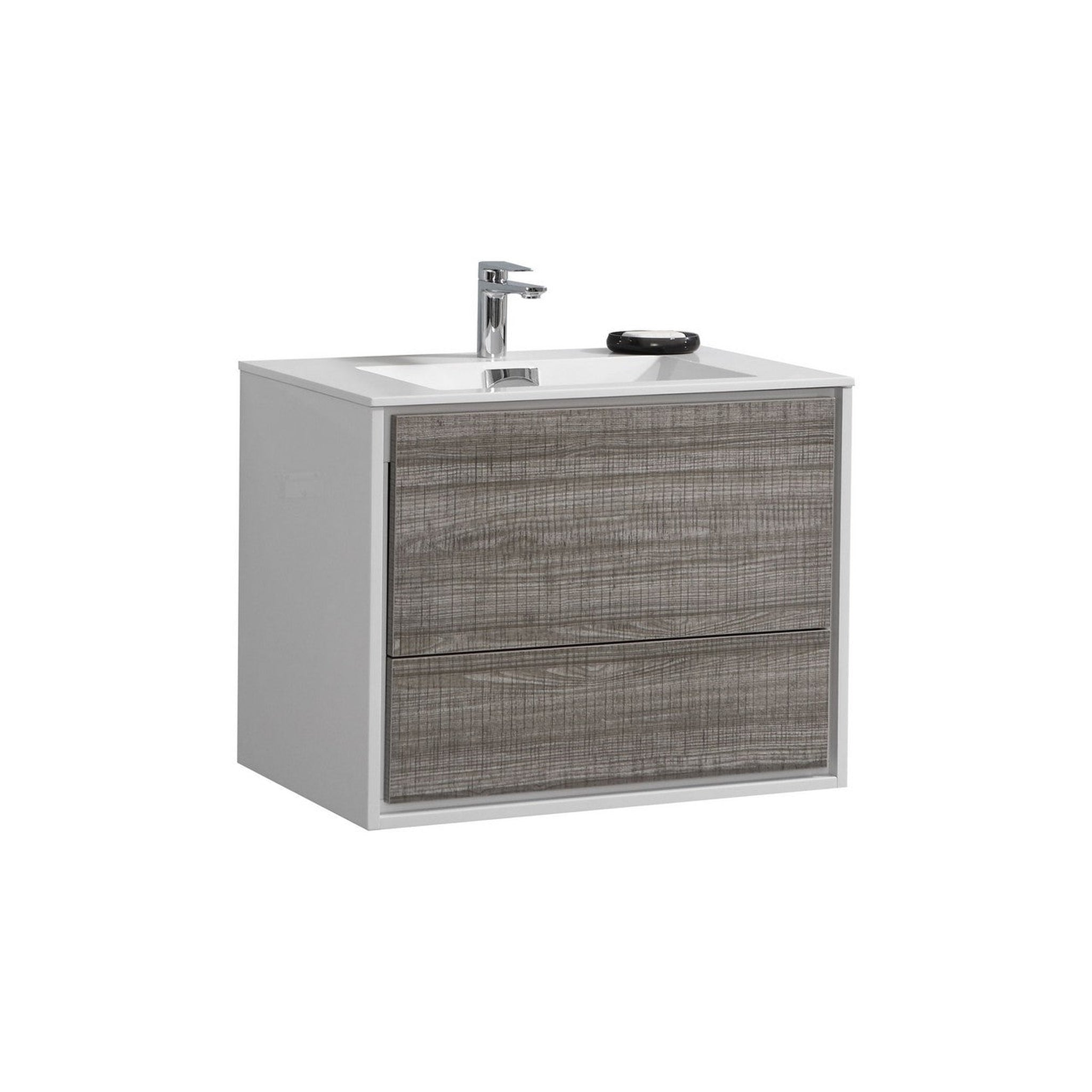 KubeBath, KubeBath DeLusso 30" Ash Gray Wall-Mounted Modern Bathroom Vanity With Single Integrated Acrylic Sink With Overflow and 30" White Framed Mirror With Shelf