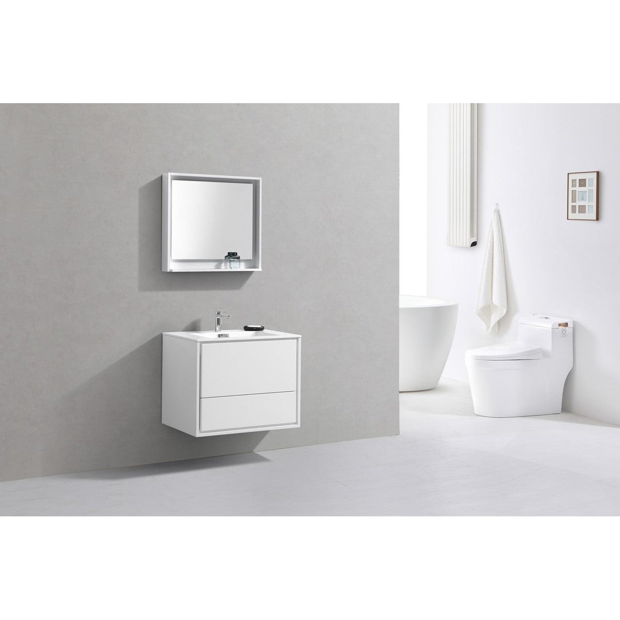 KubeBath, KubeBath DeLusso 30" High Gloss White Wall-Mounted Modern Bathroom Vanity With Single Integrated Acrylic Sink With Overflow