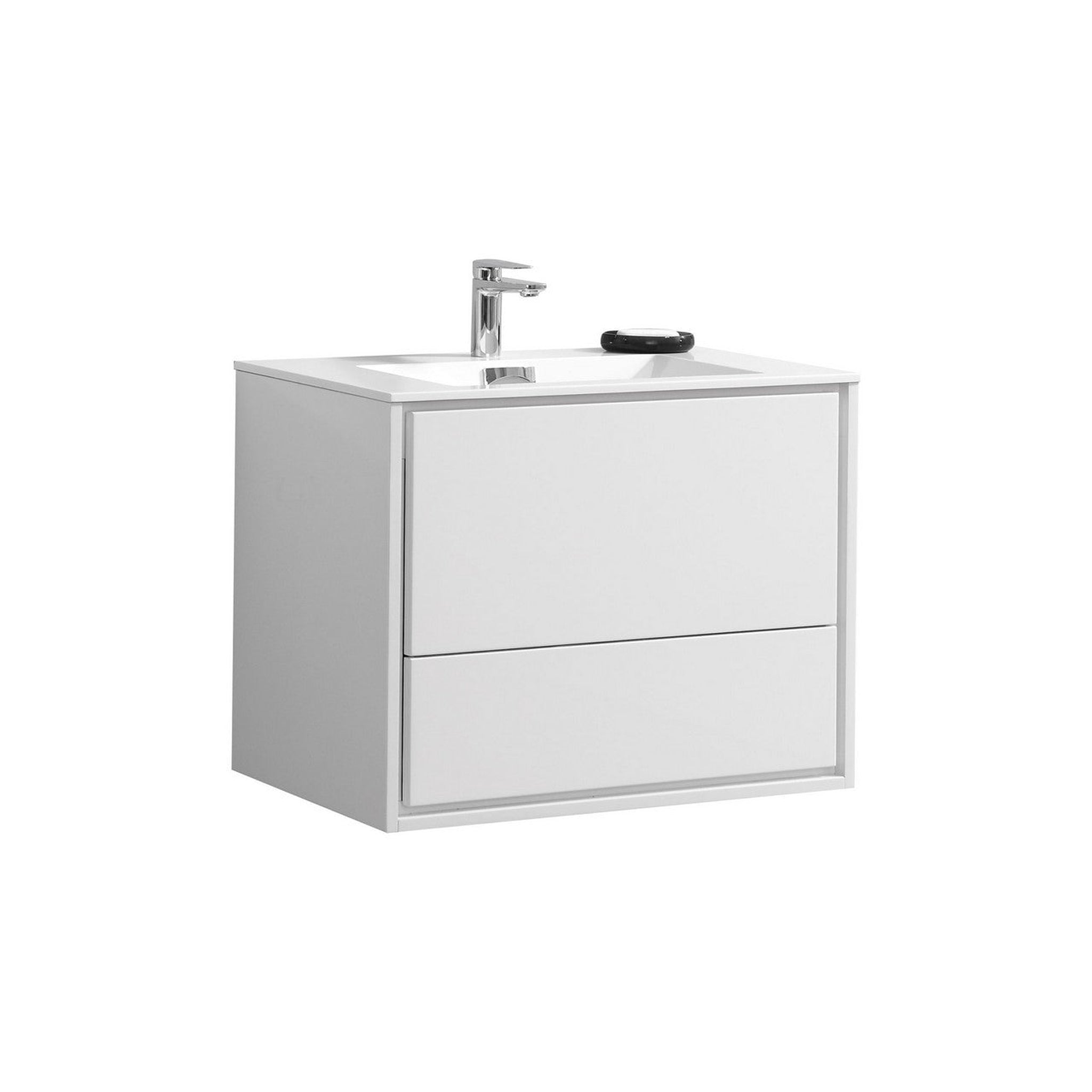 KubeBath, KubeBath DeLusso 30" High Gloss White Wall-Mounted Modern Bathroom Vanity With Single Integrated Acrylic Sink With Overflow and 30" White Framed Mirror With Shelf