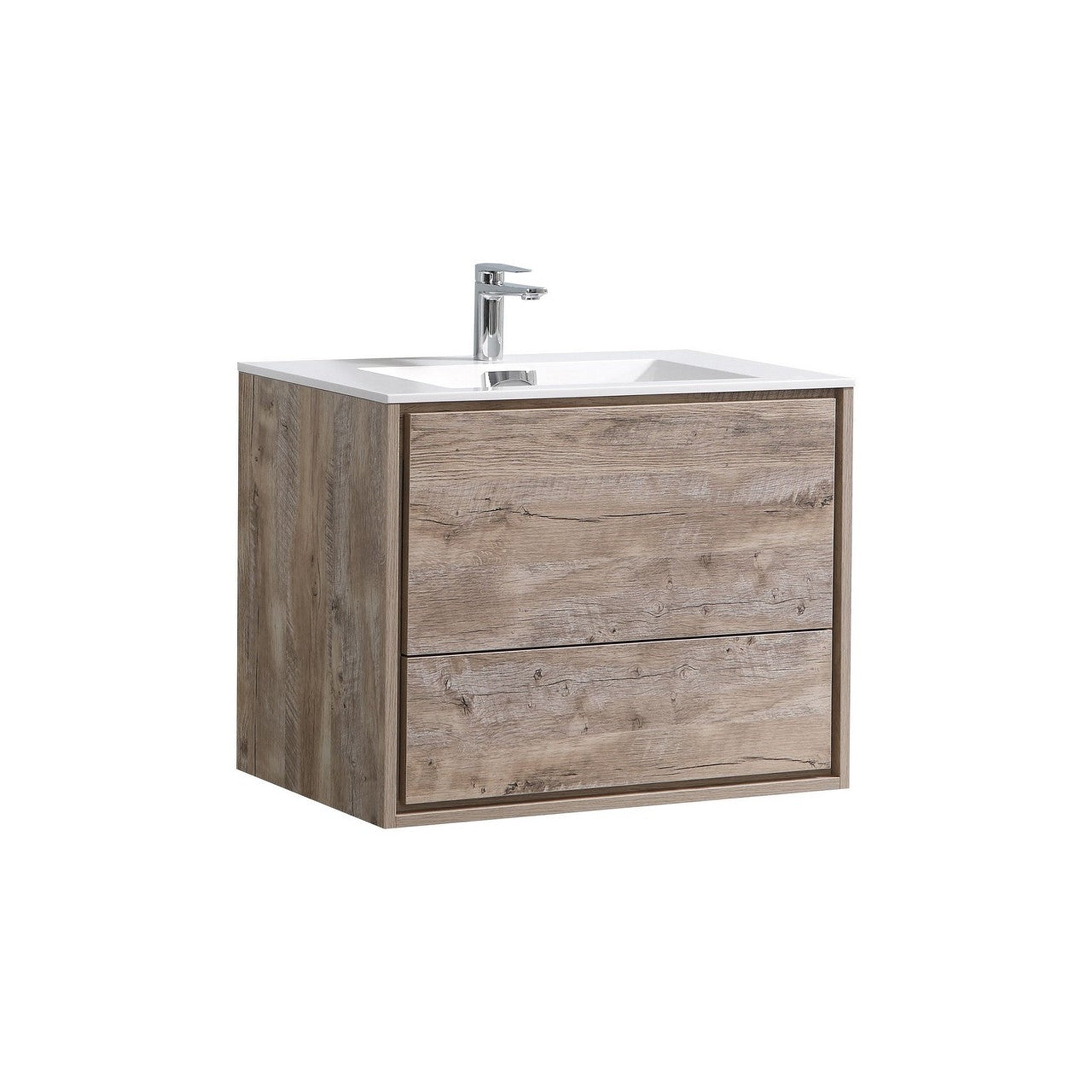 KubeBath, KubeBath DeLusso 30" Nature Wood Wall-Mounted Modern Bathroom Vanity With Single Integrated Acrylic Sink With Overflow