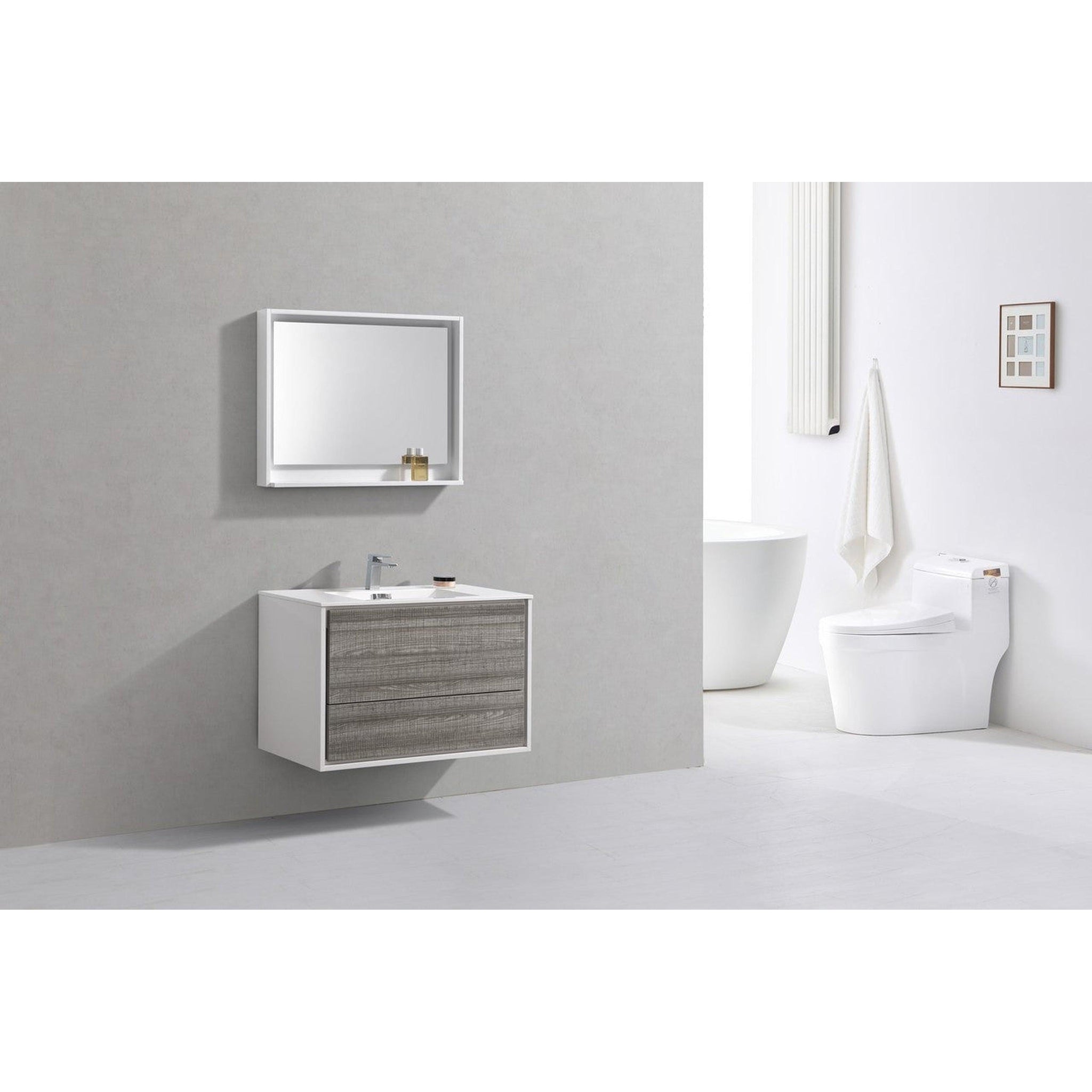 KubeBath, KubeBath DeLusso 36" Ash Gray Wall Mounted Modern Bathroom Vanity With Single Integrated Acrylic Sink With Overflow