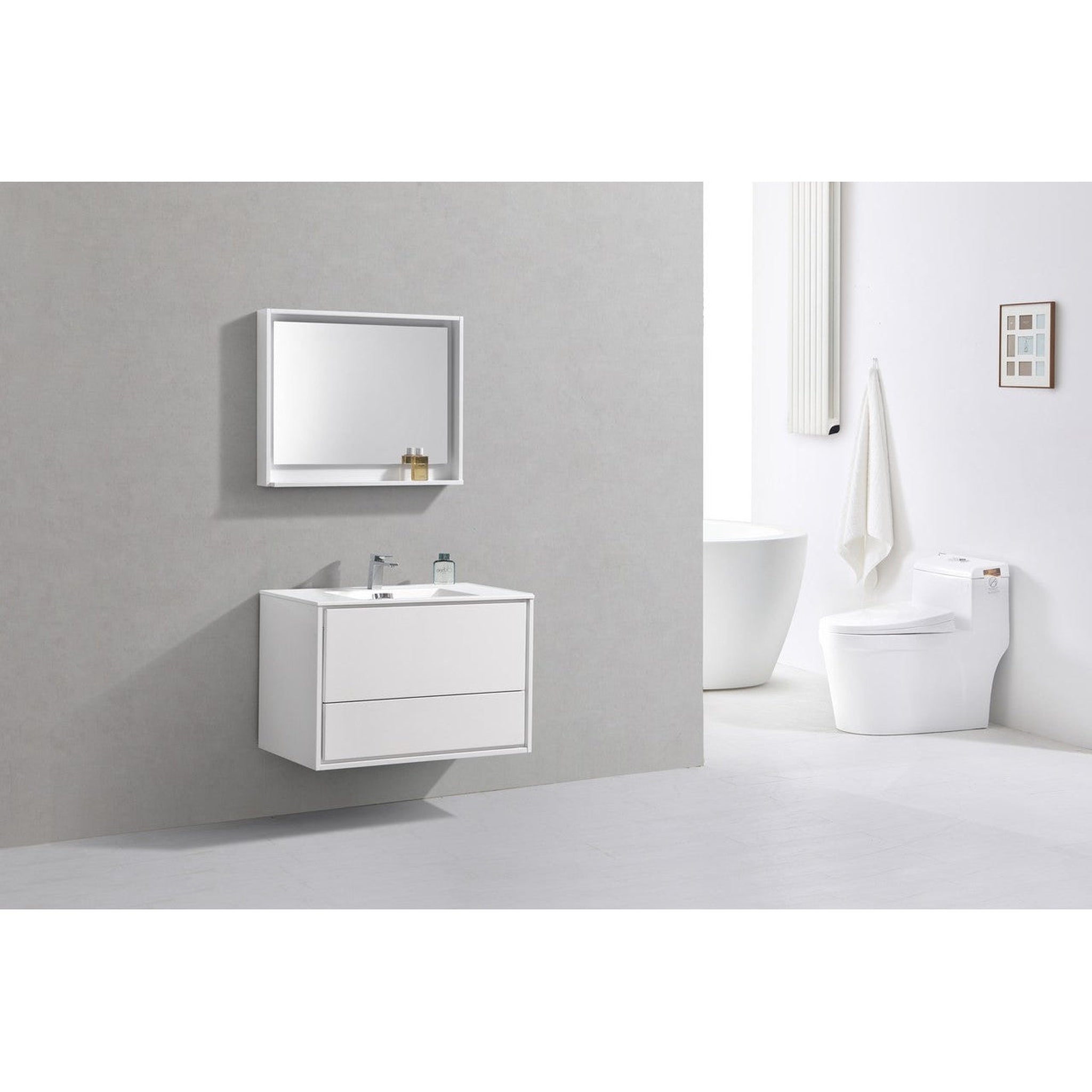 KubeBath, KubeBath DeLusso 36" High Gloss White Wall-Mounted Modern Bathroom Vanity With Single Integrated Acrylic Sink With Overflow