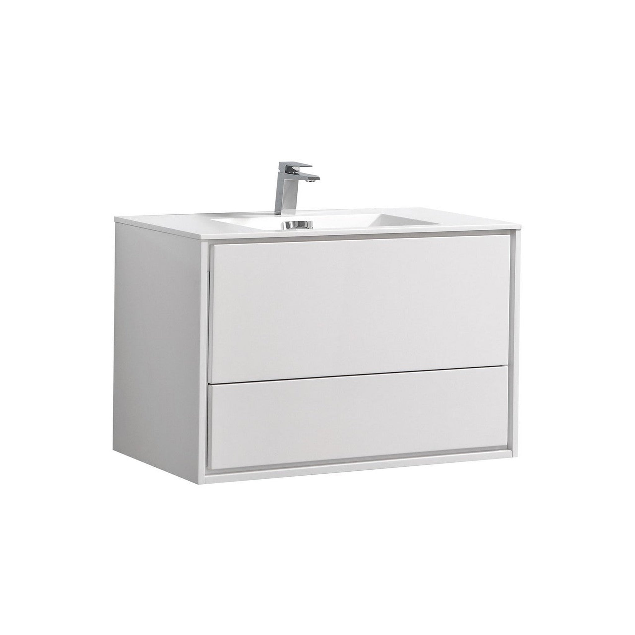 KubeBath, KubeBath DeLusso 36" High Gloss White Wall-Mounted Modern Bathroom Vanity With Single Integrated Acrylic Sink With Overflow and 36" White Framed Mirror With Shelf