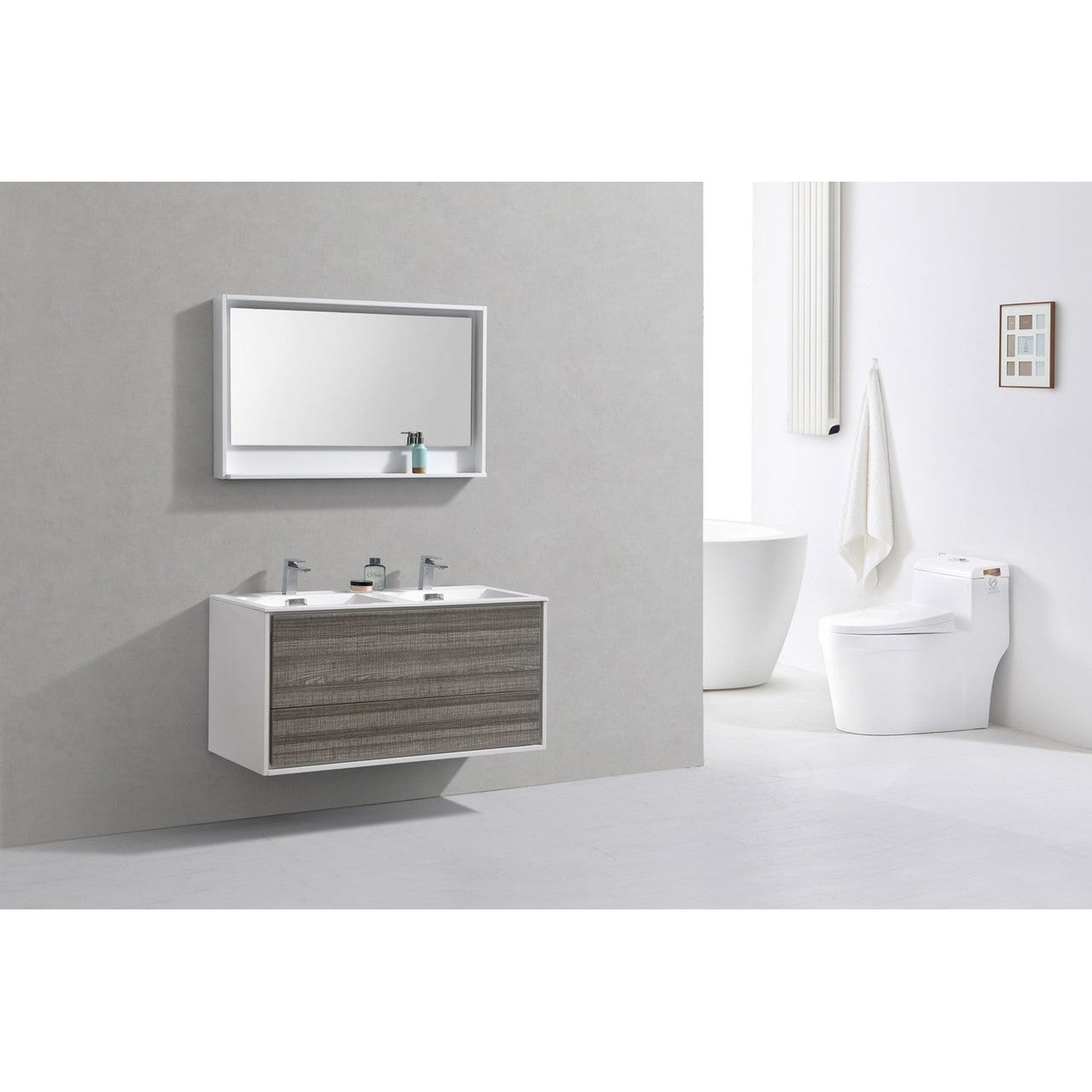 KubeBath, KubeBath DeLusso 48" Ash Gray Wall-Mounted Modern Bathroom Vanity With Double Integrated Acrylic Sink With Overflow