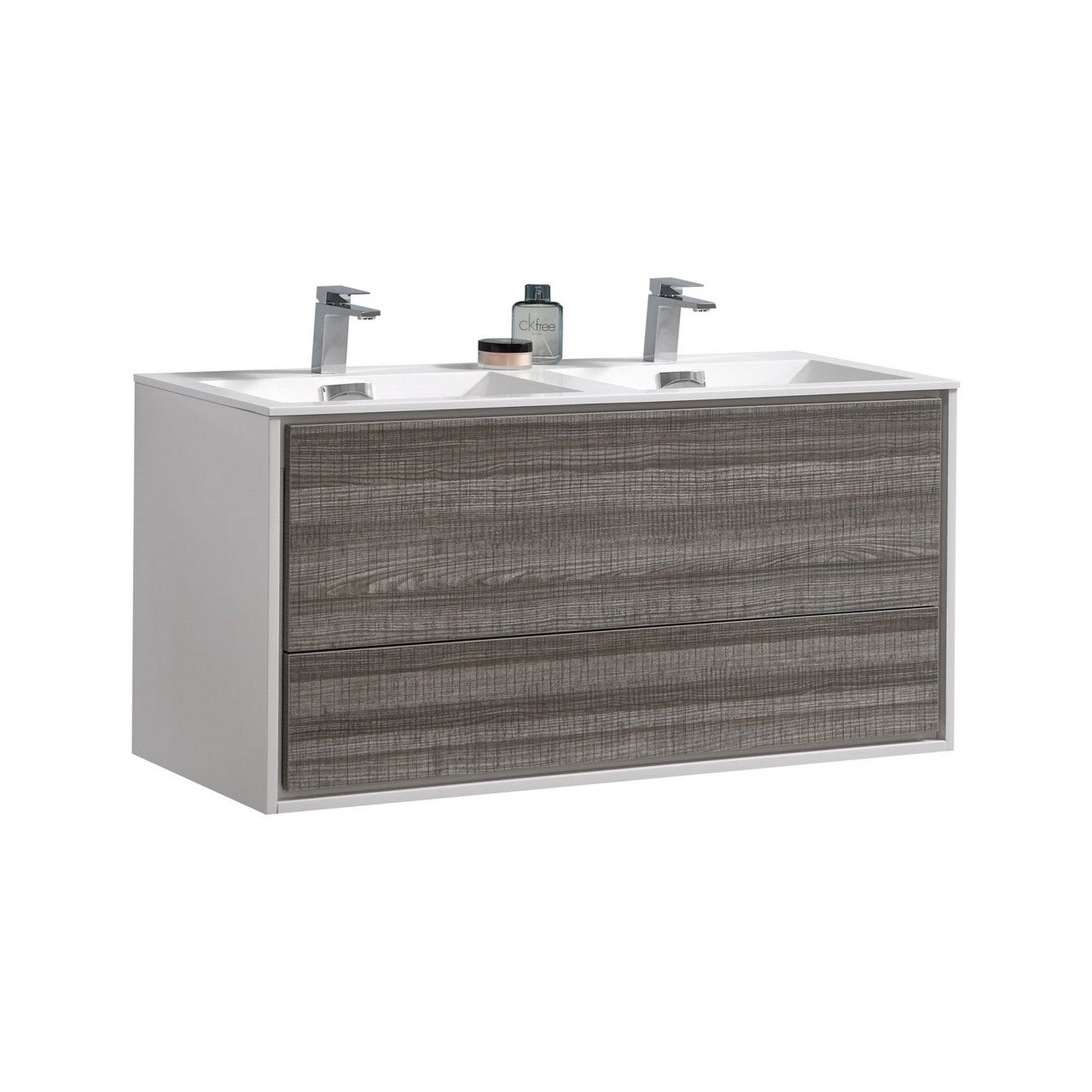 KubeBath, KubeBath DeLusso 48" Ash Gray Wall-Mounted Modern Bathroom Vanity With Double Integrated Acrylic Sink With Overflow and 48" White Framed Mirror With Shelf