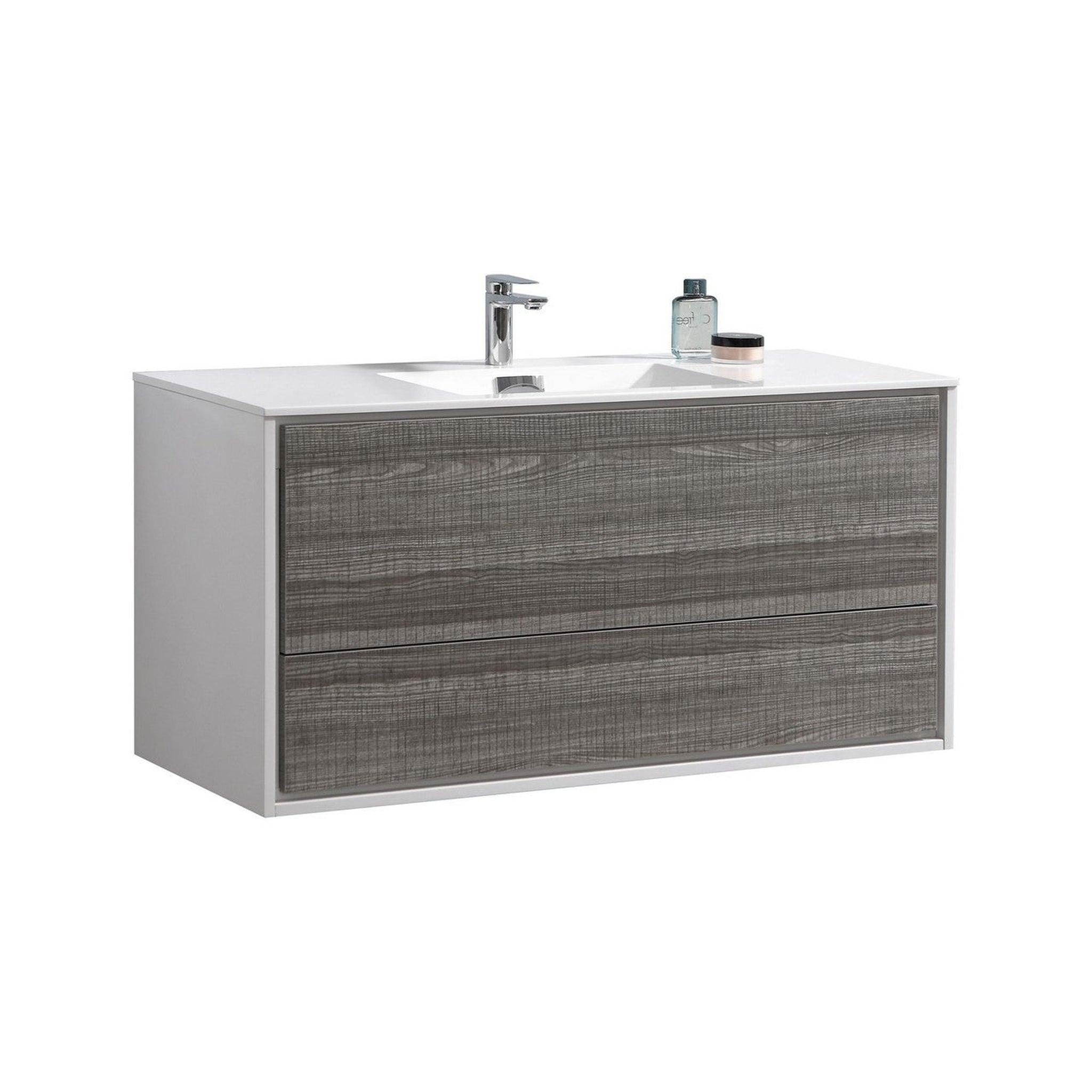 KubeBath, KubeBath DeLusso 48" Ash Gray Wall-Mounted Modern Bathroom Vanity With Single Integrated Acrylic Sink With Overflow and 48" White Framed Mirror With Shelf