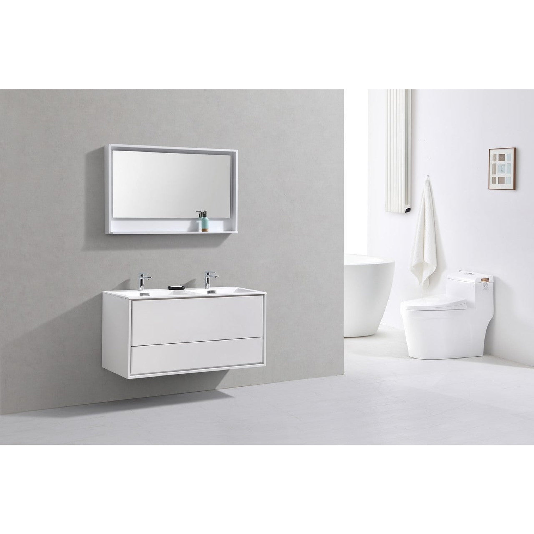 KubeBath, KubeBath DeLusso 48" High Gloss White Wall-Mounted Modern Bathroom Vanity With Double Integrated Acrylic Sink With Overflow