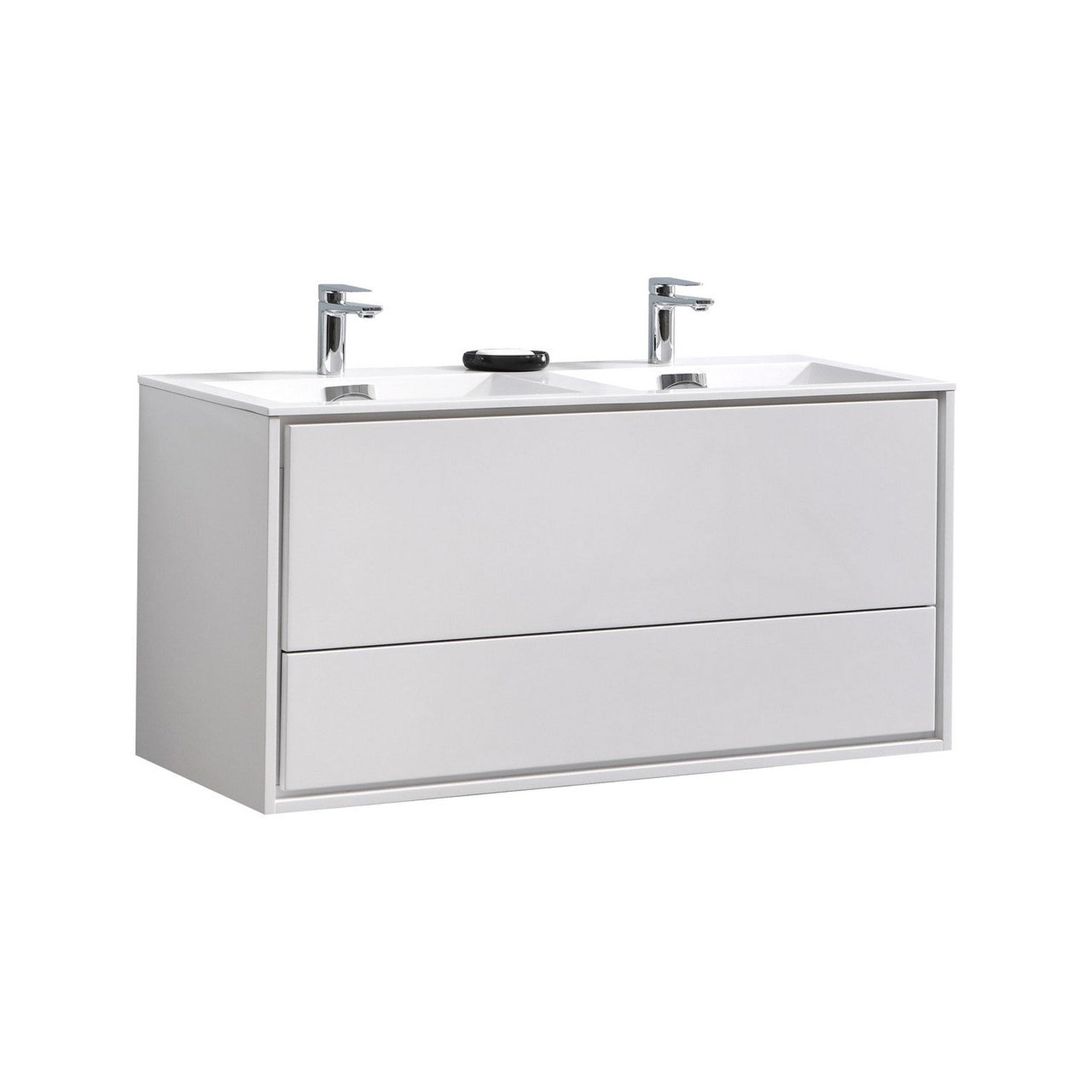 KubeBath, KubeBath DeLusso 48" High Gloss White Wall-Mounted Modern Bathroom Vanity With Double Integrated Acrylic Sink With Overflow and 48" White Framed Mirror With Shelf