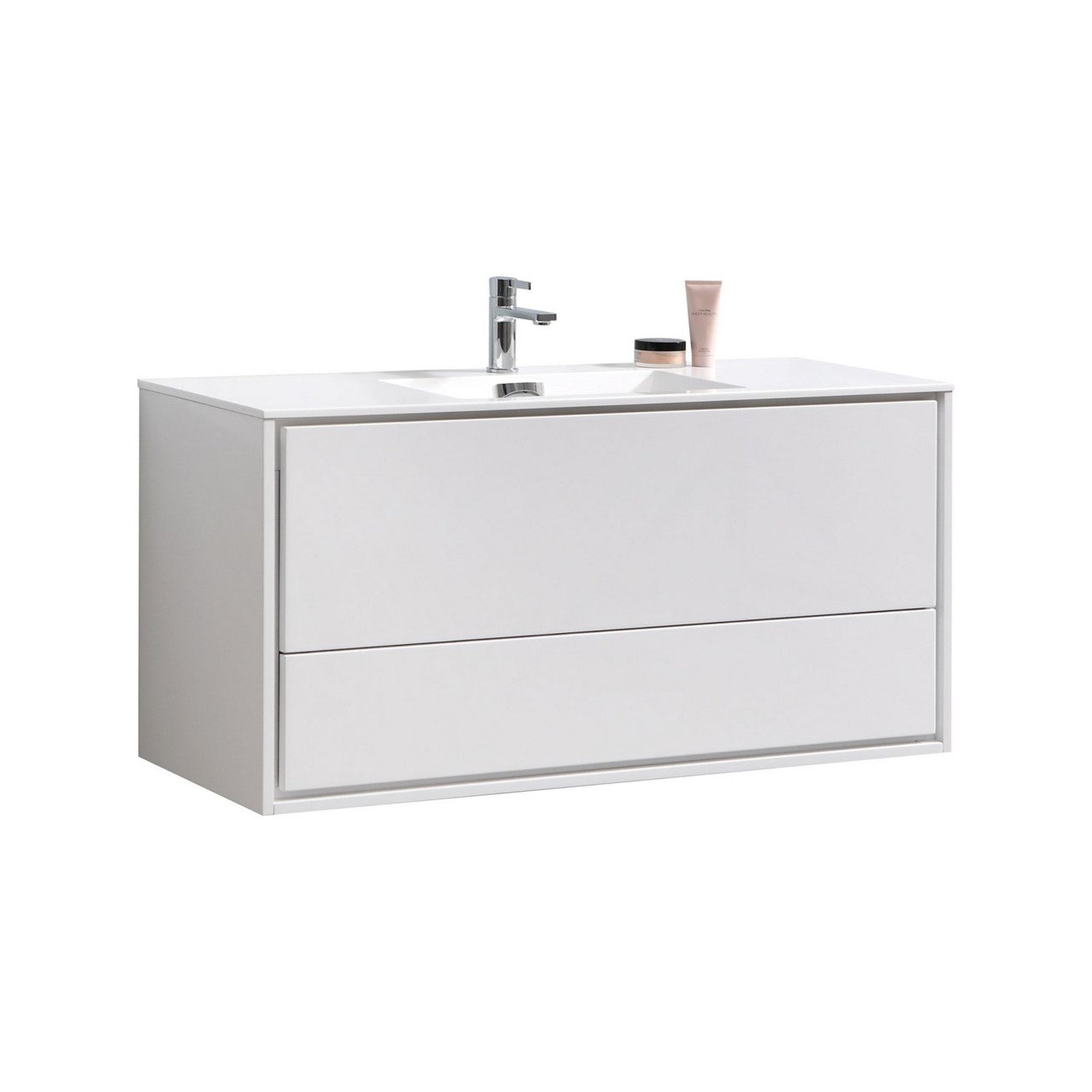 KubeBath, KubeBath DeLusso 48" High Gloss White Wall-Mounted Modern Bathroom Vanity With Single Integrated Acrylic Sink With Overflow and 48" White Framed Mirror With Shelf