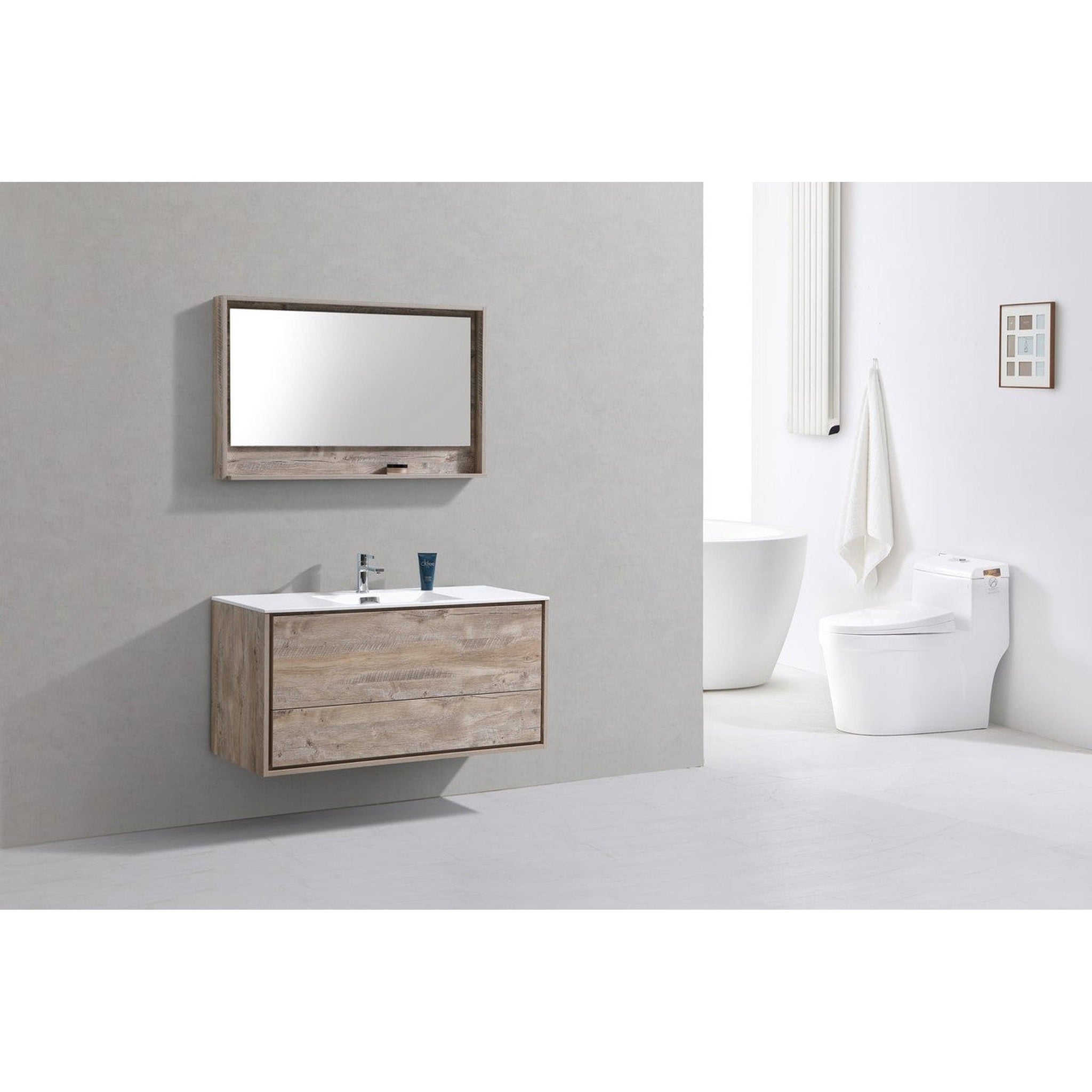 KubeBath, KubeBath DeLusso 48" Nature Wood Wall-Mounted Modern Bathroom Vanity With Single Integrated Acrylic Sink With Overflow