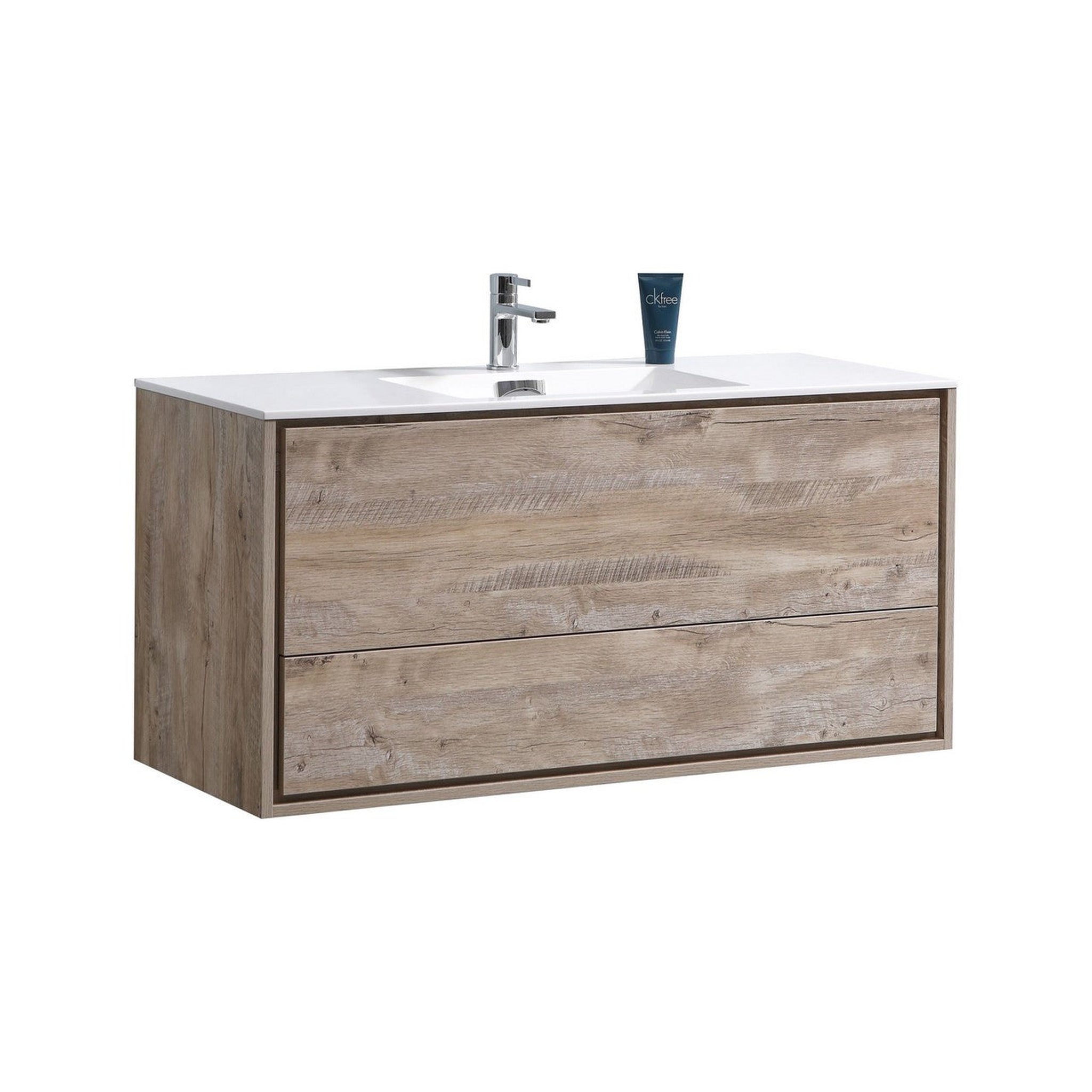 KubeBath, KubeBath DeLusso 48" Nature Wood Wall-Mounted Modern Bathroom Vanity With Single Integrated Acrylic Sink With Overflow and 48" Wood Framed Mirror With Shelf