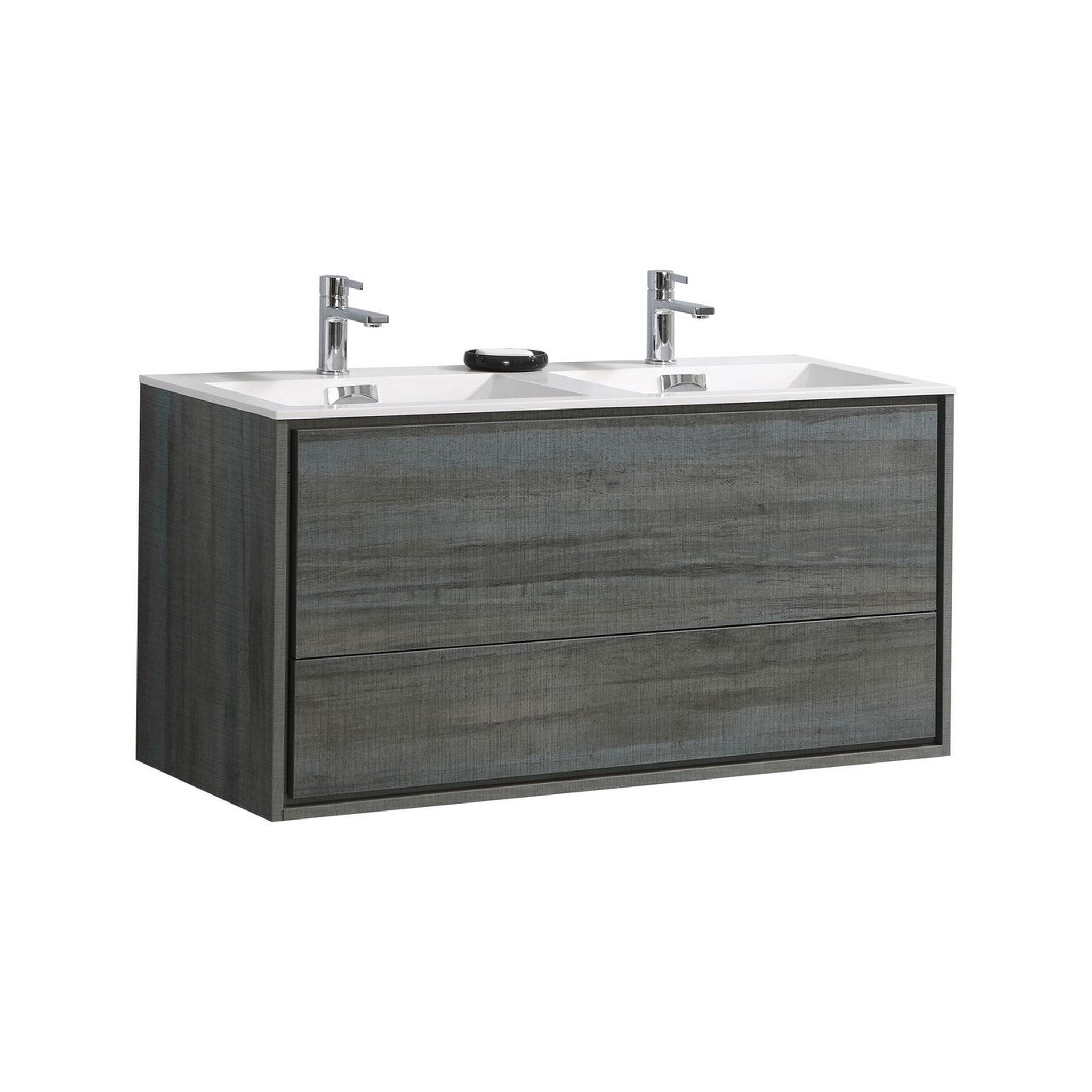 KubeBath, KubeBath DeLusso 48" Ocean Gray Wall-Mounted Modern Bathroom Vanity With Double Integrated Acrylic Sink With Overflow and 48" White Framed Mirror With Shelf