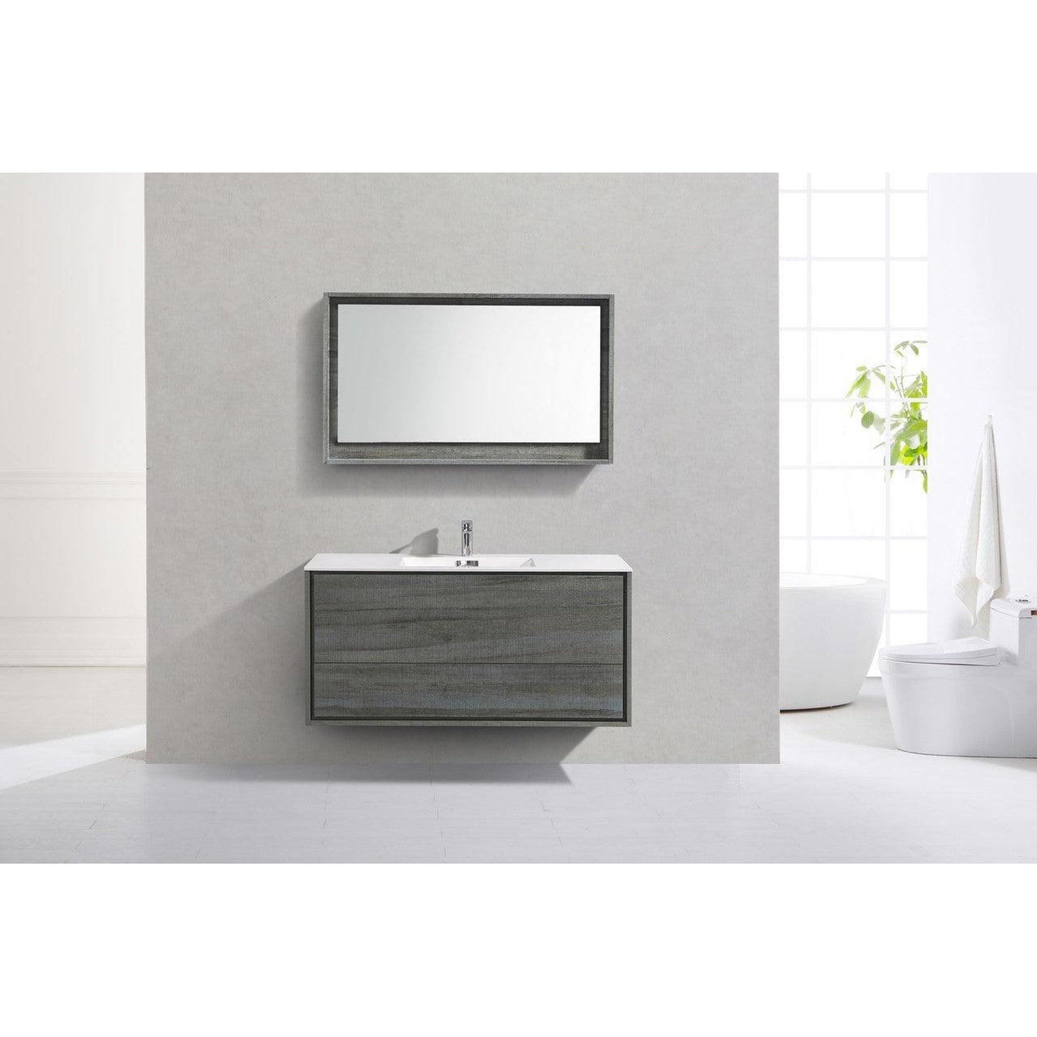 KubeBath, KubeBath DeLusso 48" Ocean Gray Wall-Mounted Modern Bathroom Vanity With Single Integrated Acrylic Sink With Overflow and 48" White Framed Mirror With Shelf