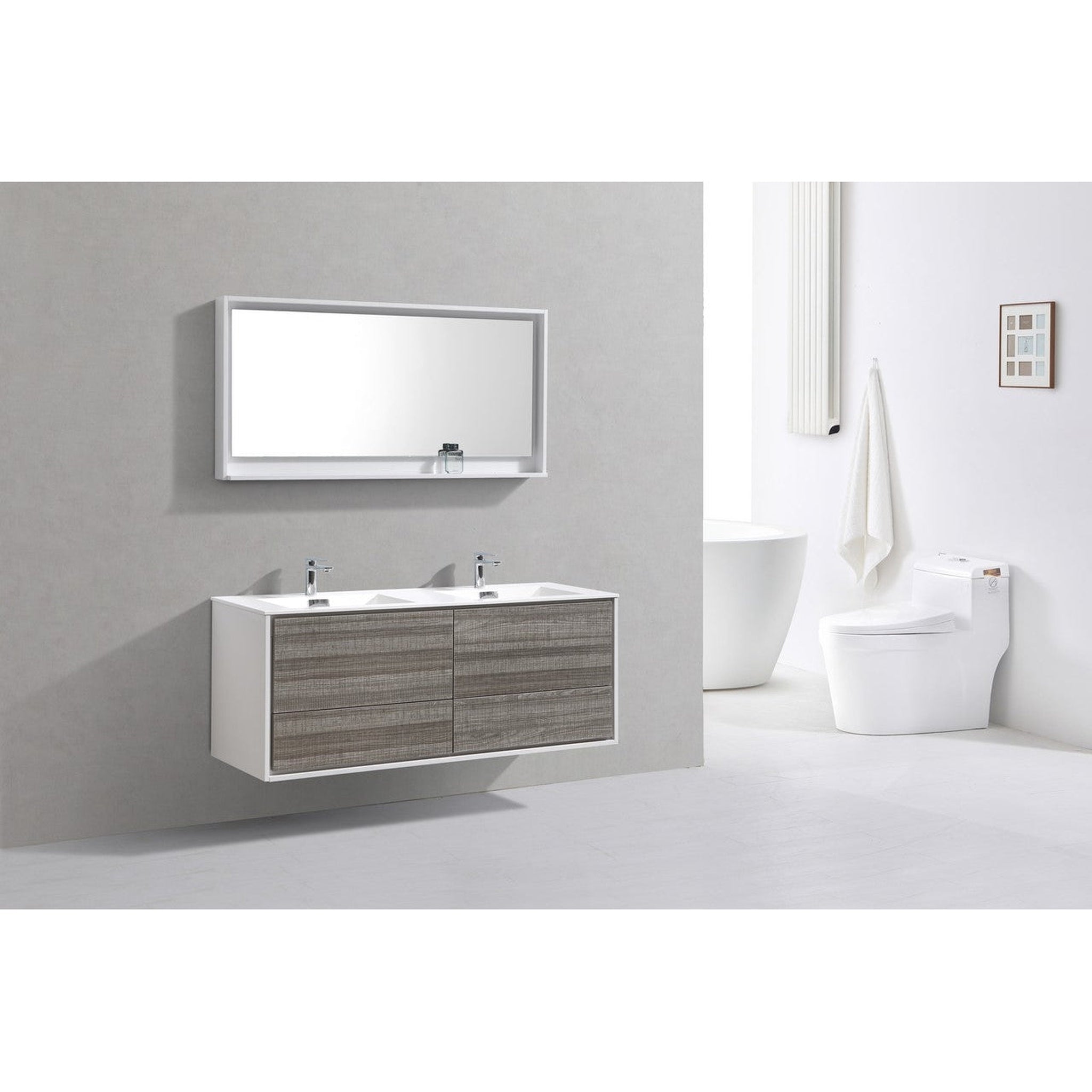 KubeBath, KubeBath DeLusso 60" Ash Gray Wall-Mounted Modern Bathroom Vanity With Double Integrated Acrylic Sink With Overflow