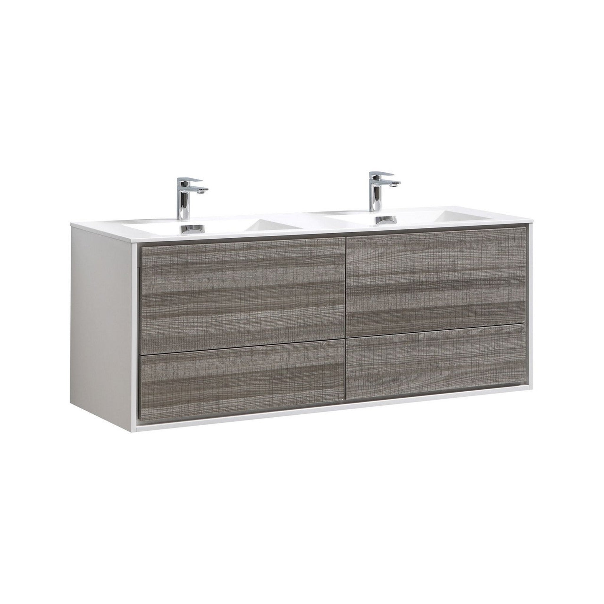 KubeBath, KubeBath DeLusso 60" Ash Gray Wall-Mounted Modern Bathroom Vanity With Double Integrated Acrylic Sink With Overflow and 60" White Framed Mirror With Shelf