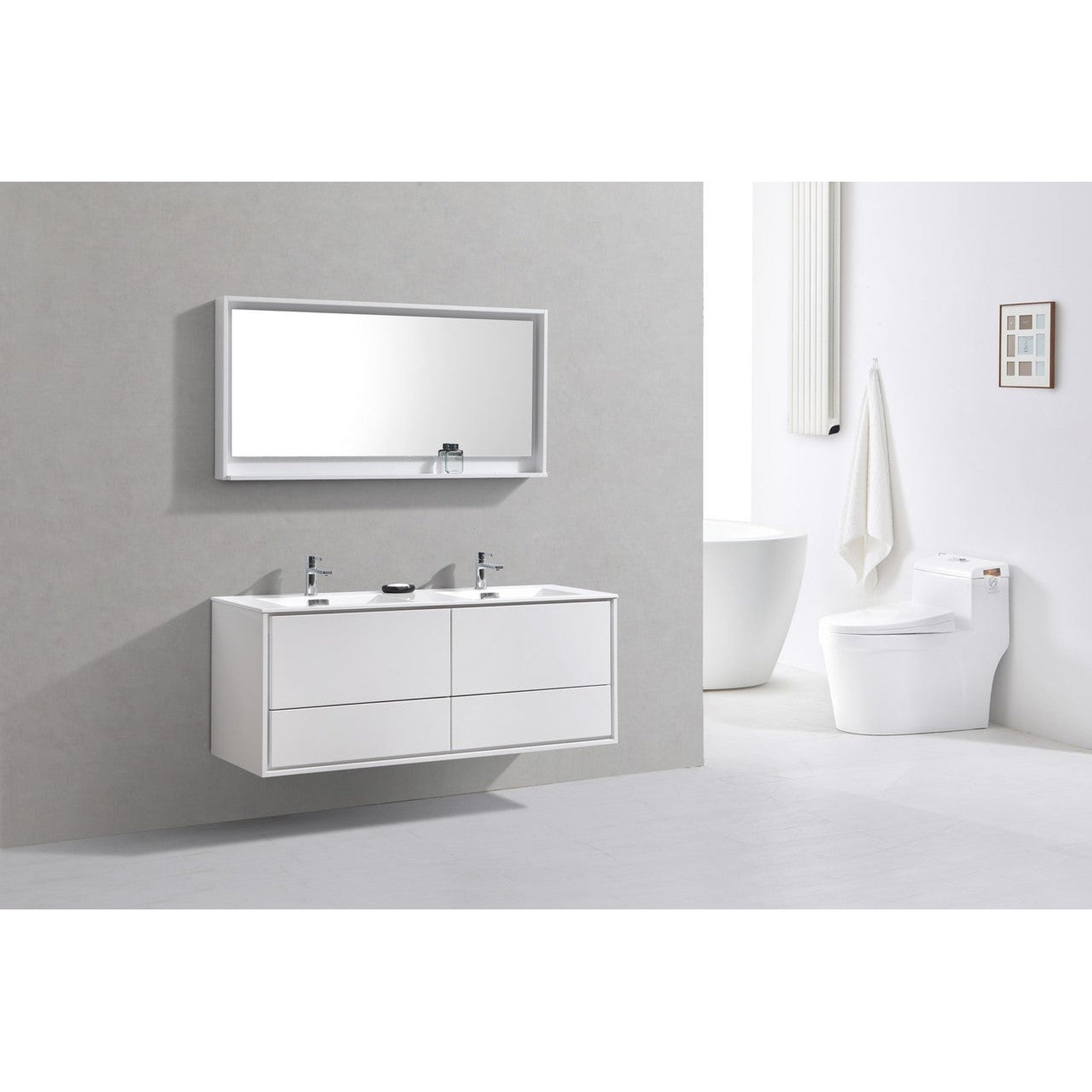 KubeBath, KubeBath DeLusso 60" High Gloss White Wall-Mounted Modern Bathroom Vanity With Double Integrated Acrylic Sink With Overflow