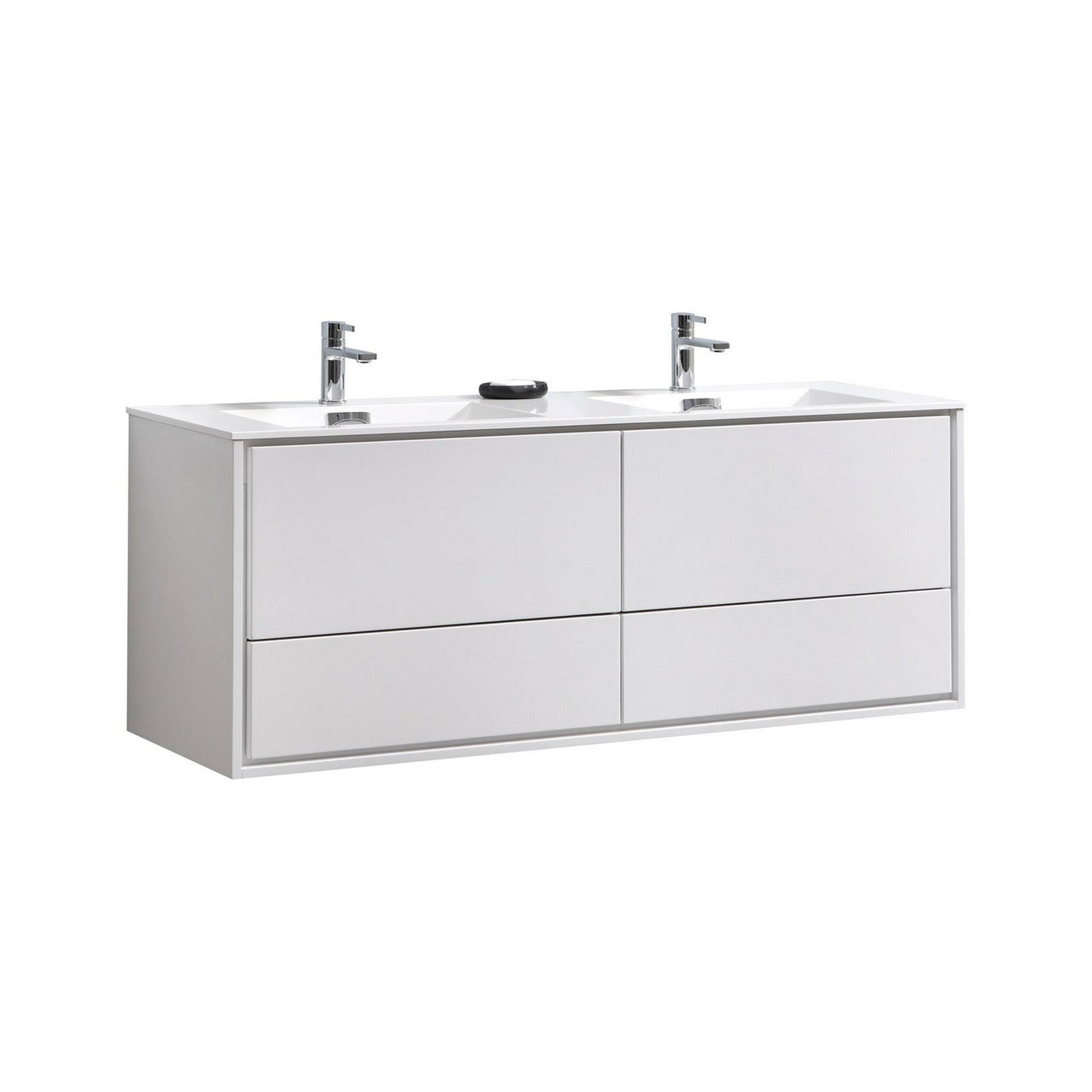 KubeBath, KubeBath DeLusso 60" High Gloss White Wall-Mounted Modern Bathroom Vanity With Double Integrated Acrylic Sink With Overflow and 60" White Framed Mirror With Shelf