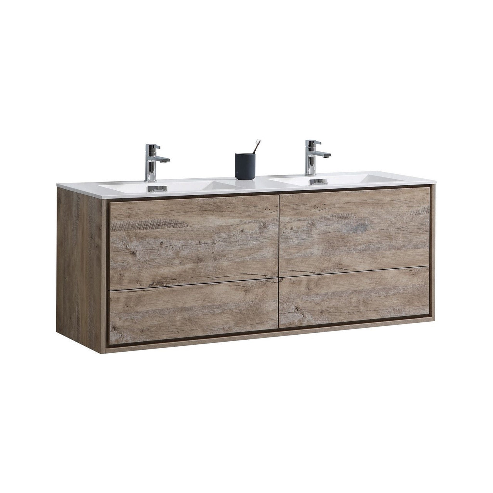 KubeBath, KubeBath DeLusso 60" Nature Wood Wall-Mounted Modern Bathroom Vanity With Double Integrated Acrylic Sink With Overflow and 60" Wood Framed Mirror With Shelf