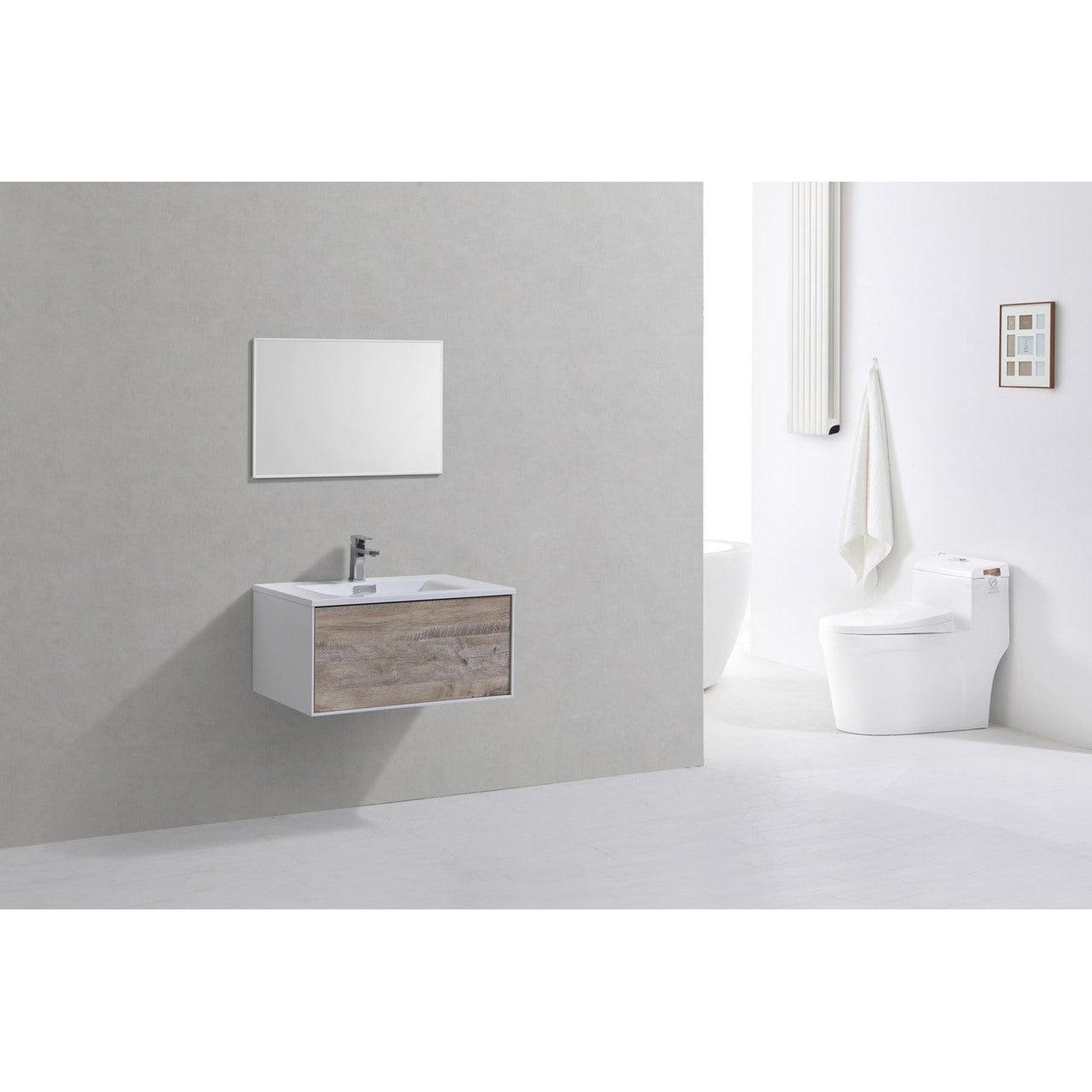 KubeBath, KubeBath Divario 30" Nature Wood Wall-Mount Modern Bathroom Vanity With Push-Open Drawer & Reinforced Acrylic Sink With Overflow and 30" Wood Framed Mirror With Shelf