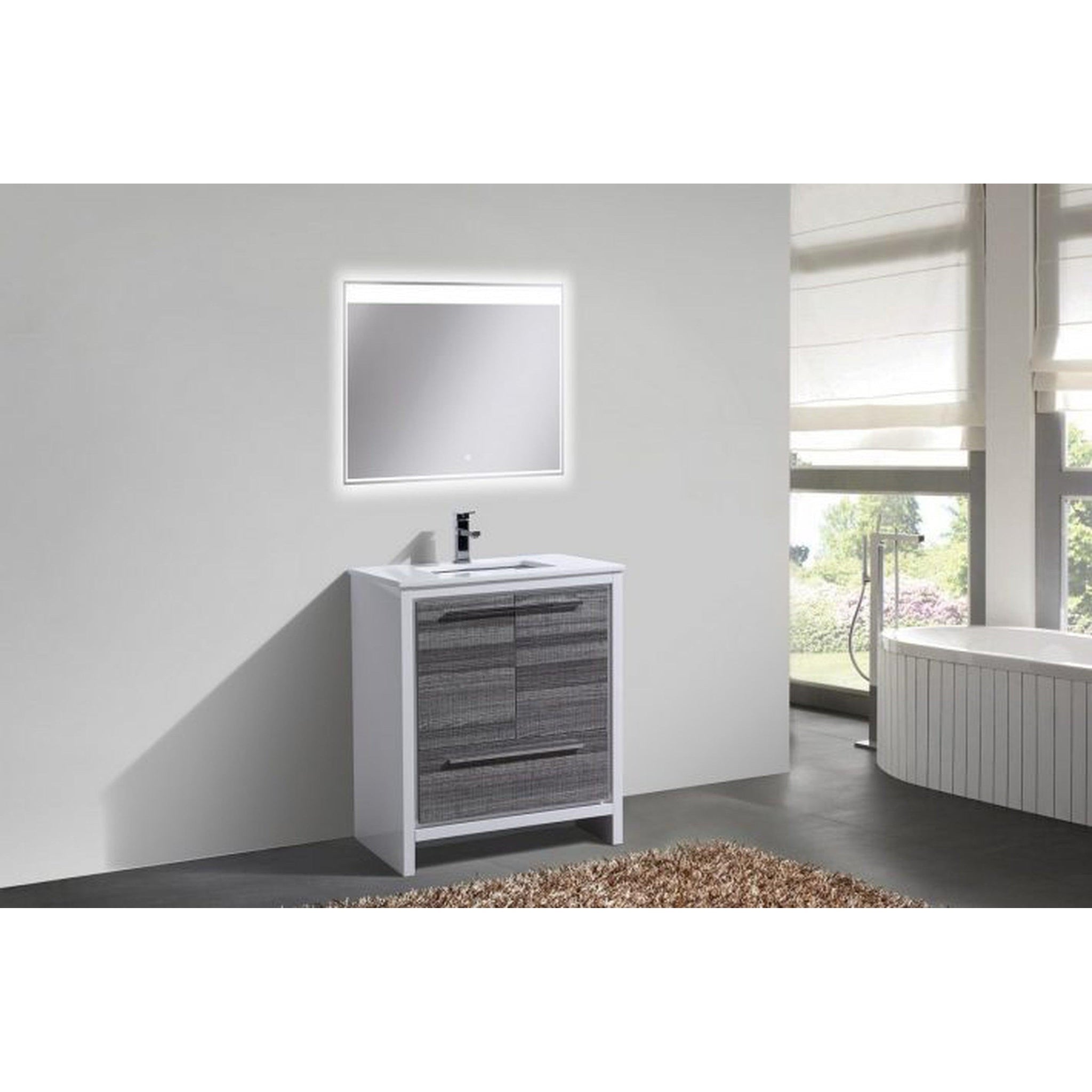 KubeBath, KubeBath Dolce 30" Ash Gray Freestanding Modern Bathroom Vanity With Quartz Vanity Top & Ceramic Sink With Overflow