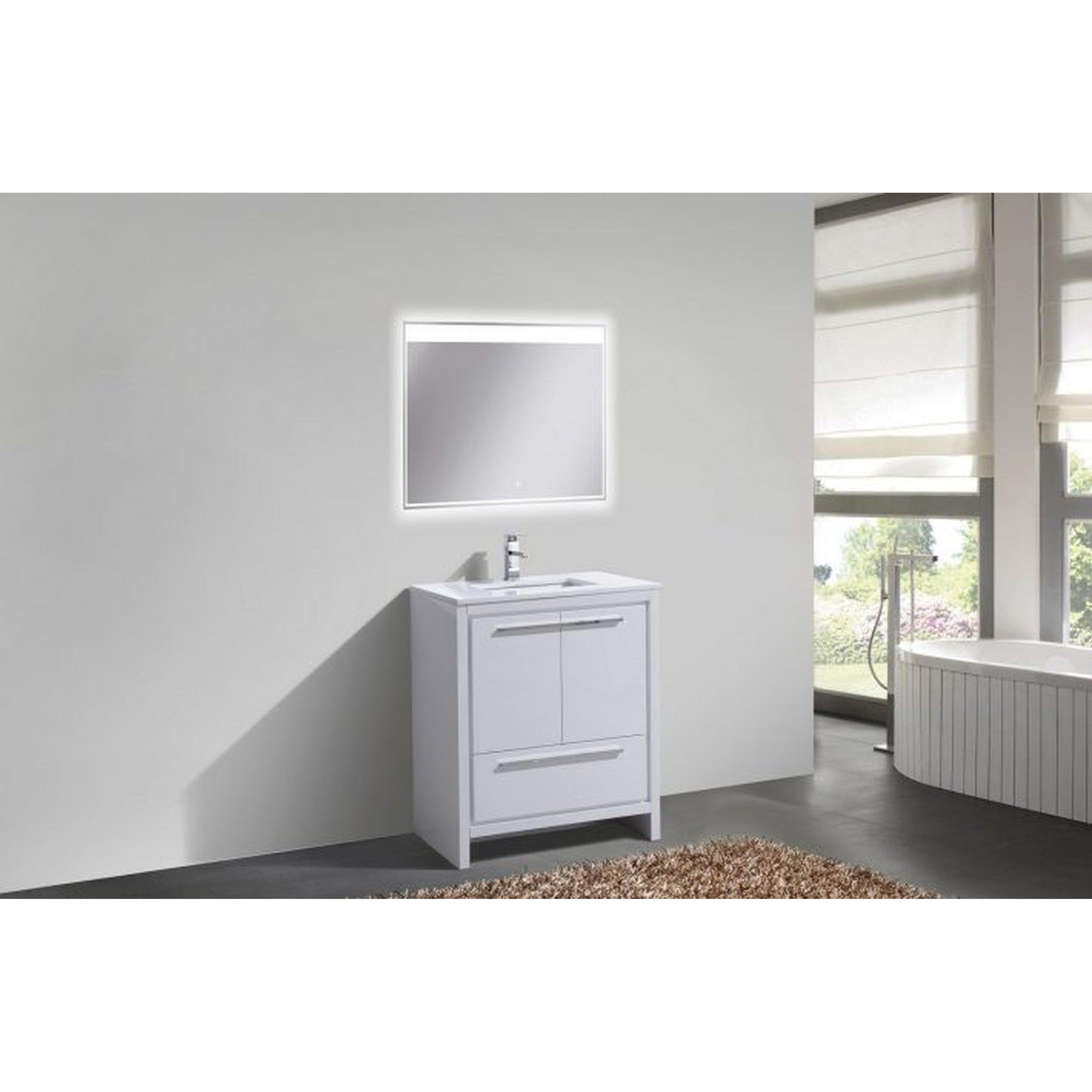 KubeBath, KubeBath Dolce 30" High Gloss White Freestanding Modern Bathroom Vanity With Quartz Vanity Top & Ceramic Sink With Overflow