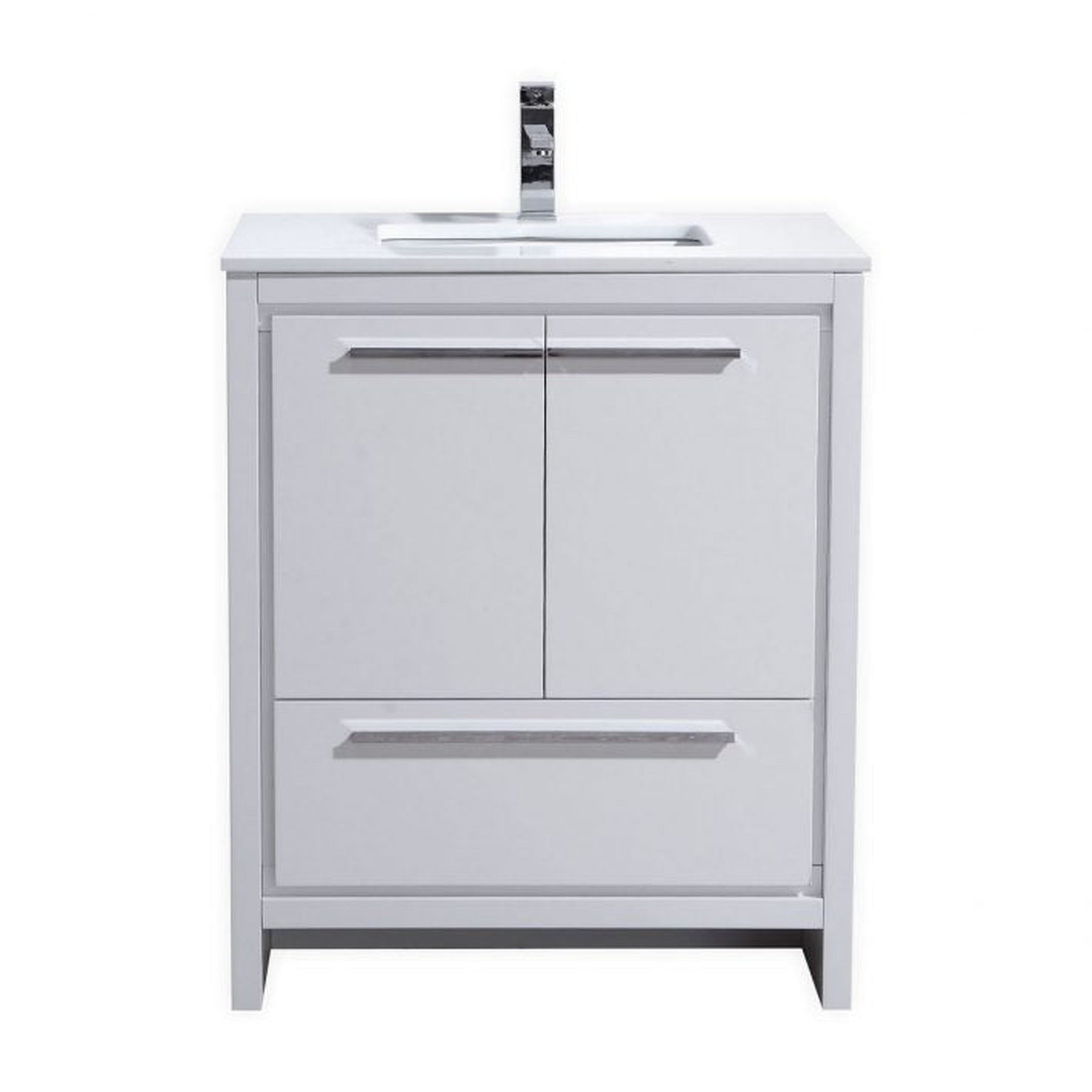 KubeBath, KubeBath Dolce 30" High Gloss White Freestanding Modern Bathroom Vanity With Quartz Vanity Top & Ceramic Sink With Overflow and 30" White Framed Mirror With Shelf