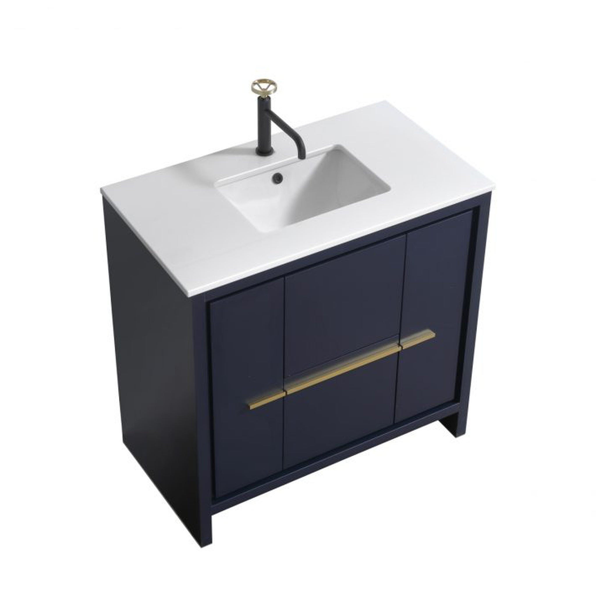 KubeBath, KubeBath Dolce 36" Blue Freestanding Modern Bathroom Vanity With Quartz Vanity Top & Ceramic Sink With Overflow