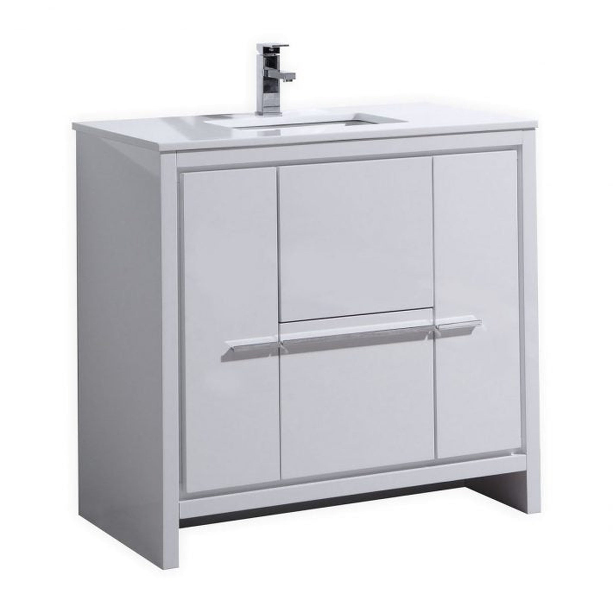 KubeBath, KubeBath Dolce 36" High Gloss White Freestanding Modern Bathroom Vanity With Quartz Vanity Top & Ceramic Sink With Overflow and 36" White Framed Mirror With Shelf