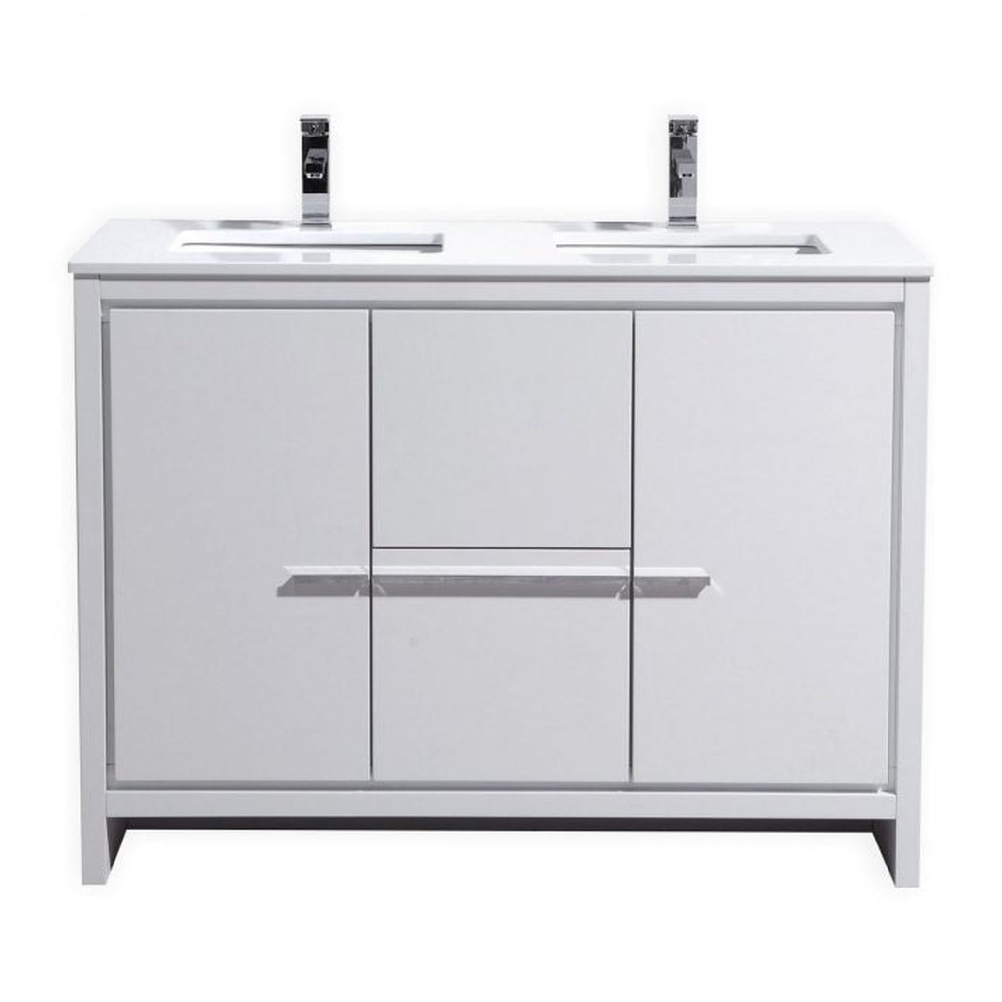 KubeBath, KubeBath Dolce 48" High Gloss White Freestanding Modern Bathroom Vanity With Quartz Vanity Top & Ceramic Double Sink With Overflow and 48" White Framed Mirror With Shelf