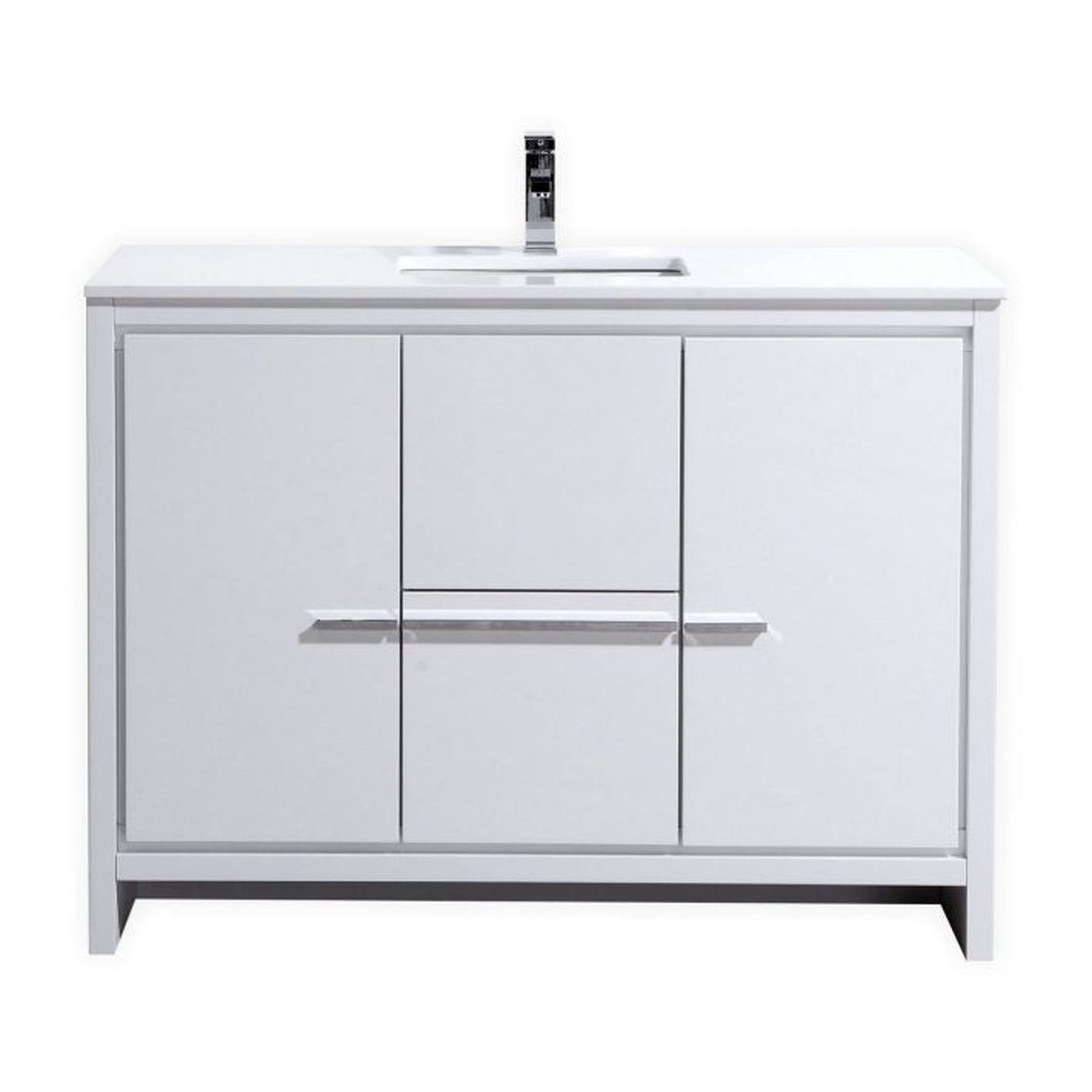 KubeBath, KubeBath Dolce 48" High Gloss White Freestanding Modern Bathroom Vanity With Quartz Vanity Top & Ceramic Sink With Overflow and 48" White Framed Mirror With Shelf