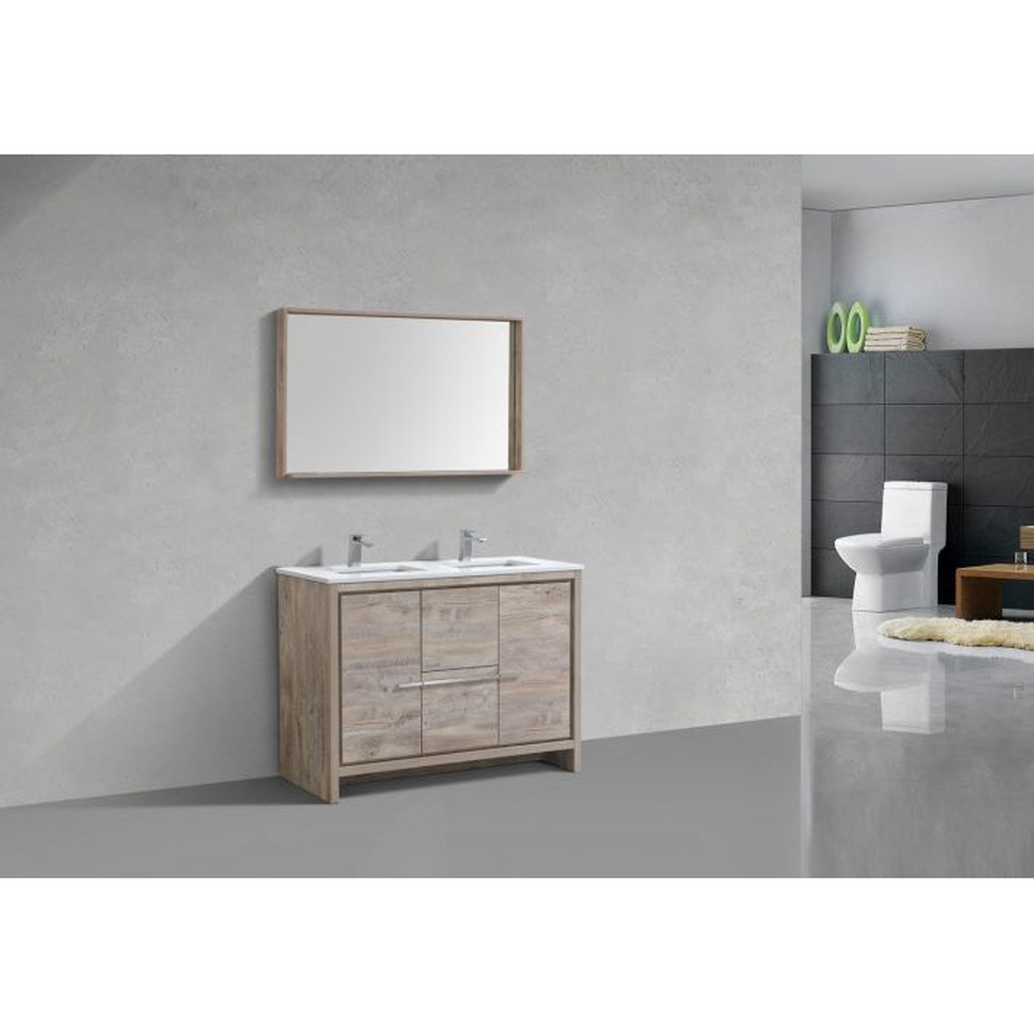 KubeBath, KubeBath Dolce 48" Nature Wood Freestanding Modern Bathroom Vanity With Quartz Vanity Top & Ceramic Double Sink With Overflow And 48" Wood Framed Mirror With Shelf