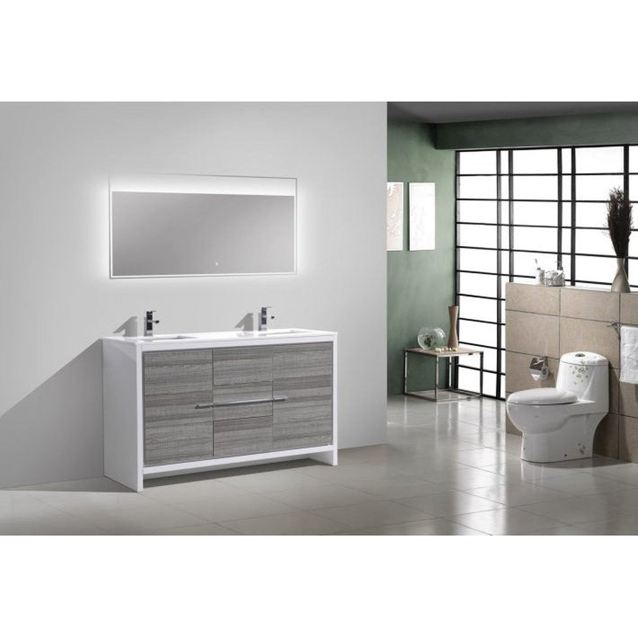 KubeBath, KubeBath Dolce 60" Ash Gray Freestanding Modern Bathroom Vanity With Quartz Vanity Top & Ceramic Double Sink With Overflow